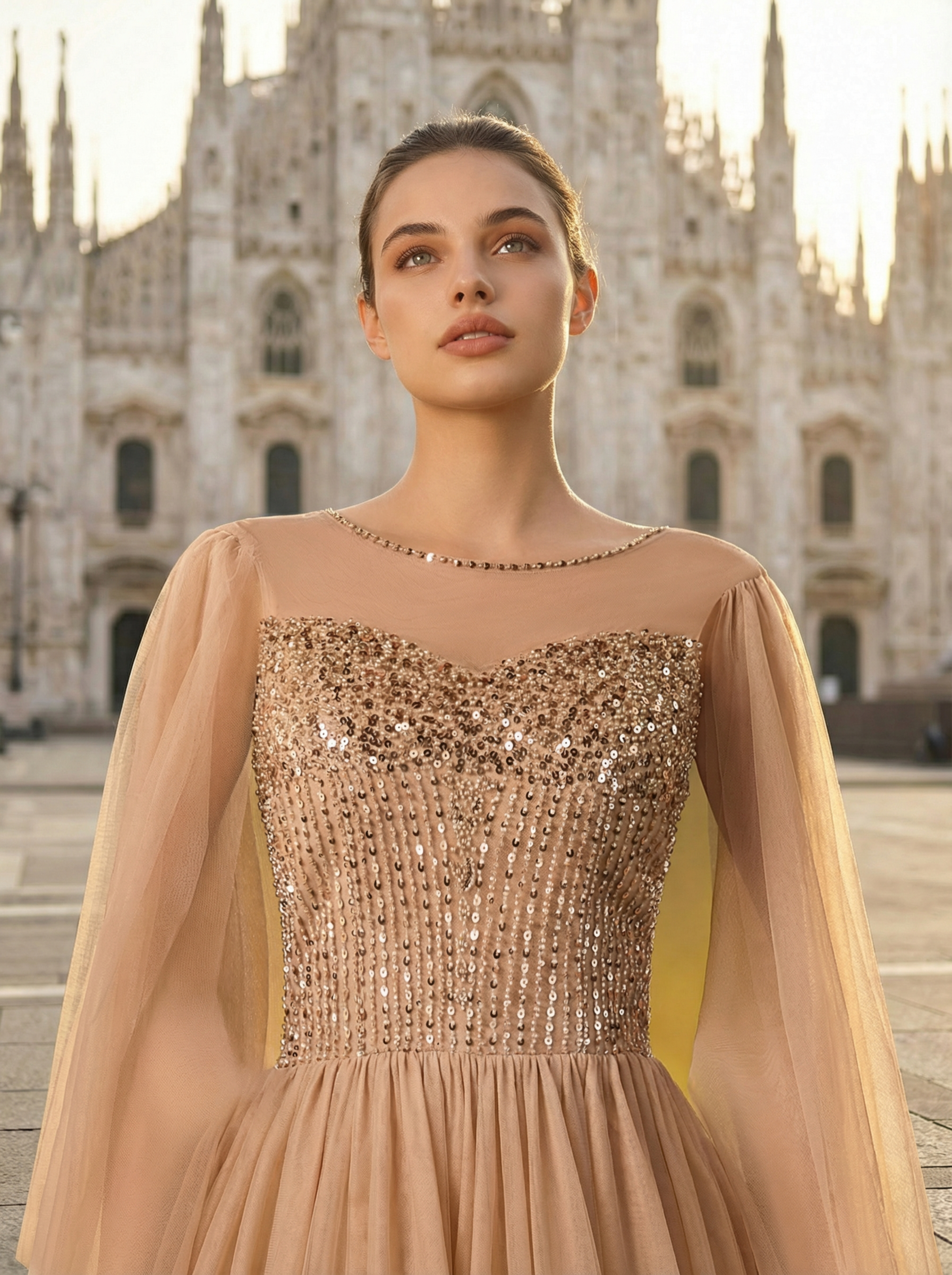 Brown Evening Dress with a Full Tulle Skirt and Delicate Beaded Embroidery