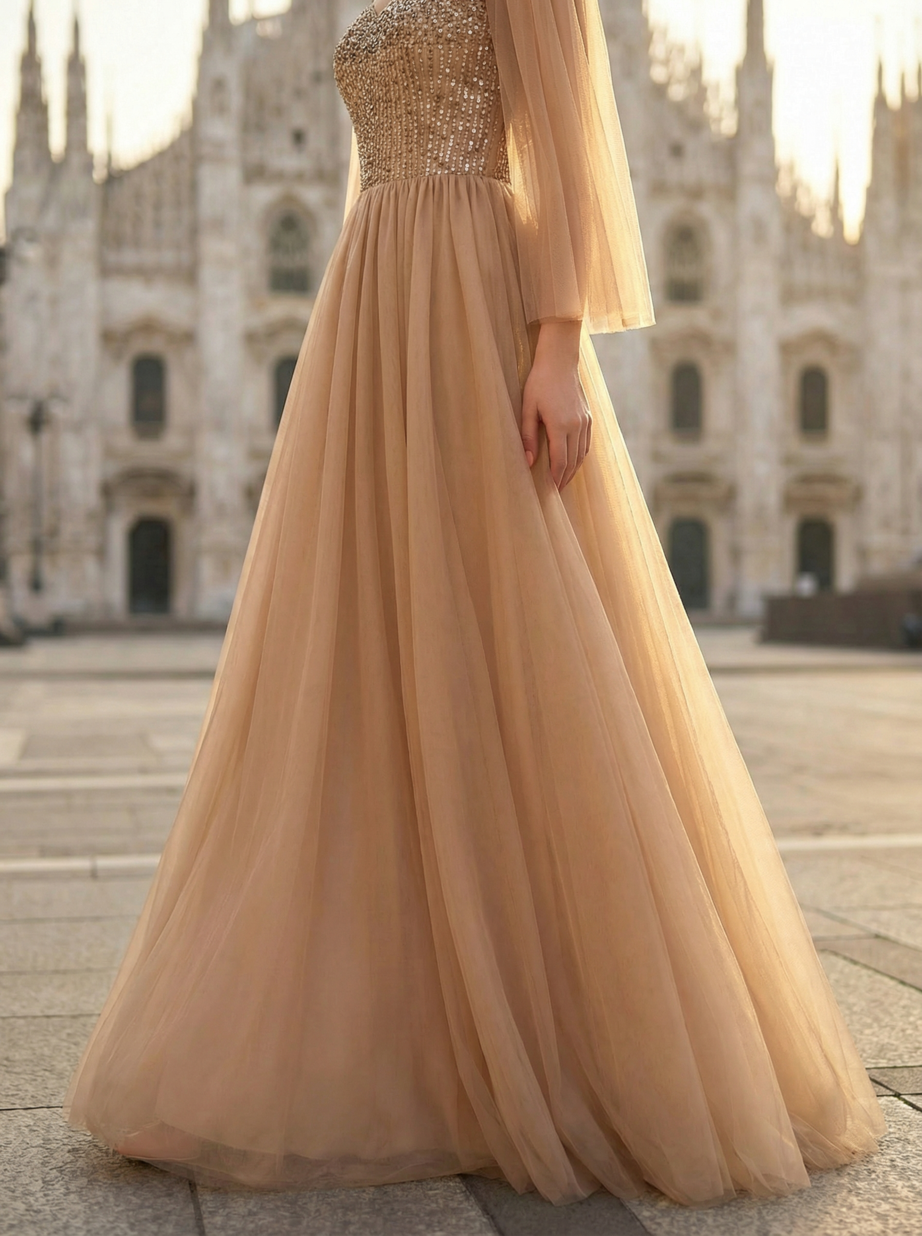 Brown Evening Dress with a Full Tulle Skirt and Delicate Beaded Embroidery