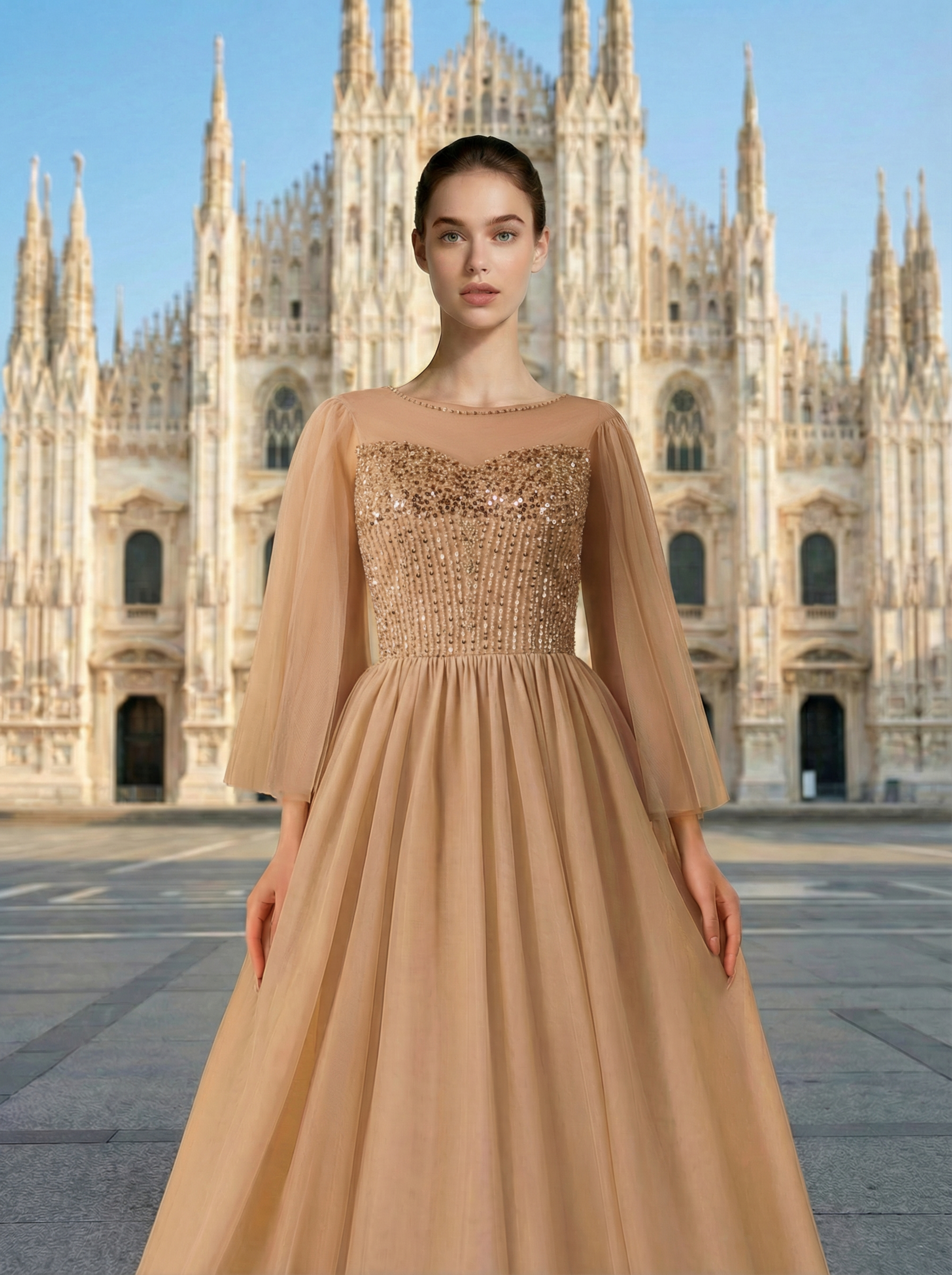 Brown Evening Dress with a Full Tulle Skirt and Delicate Beaded Embroidery