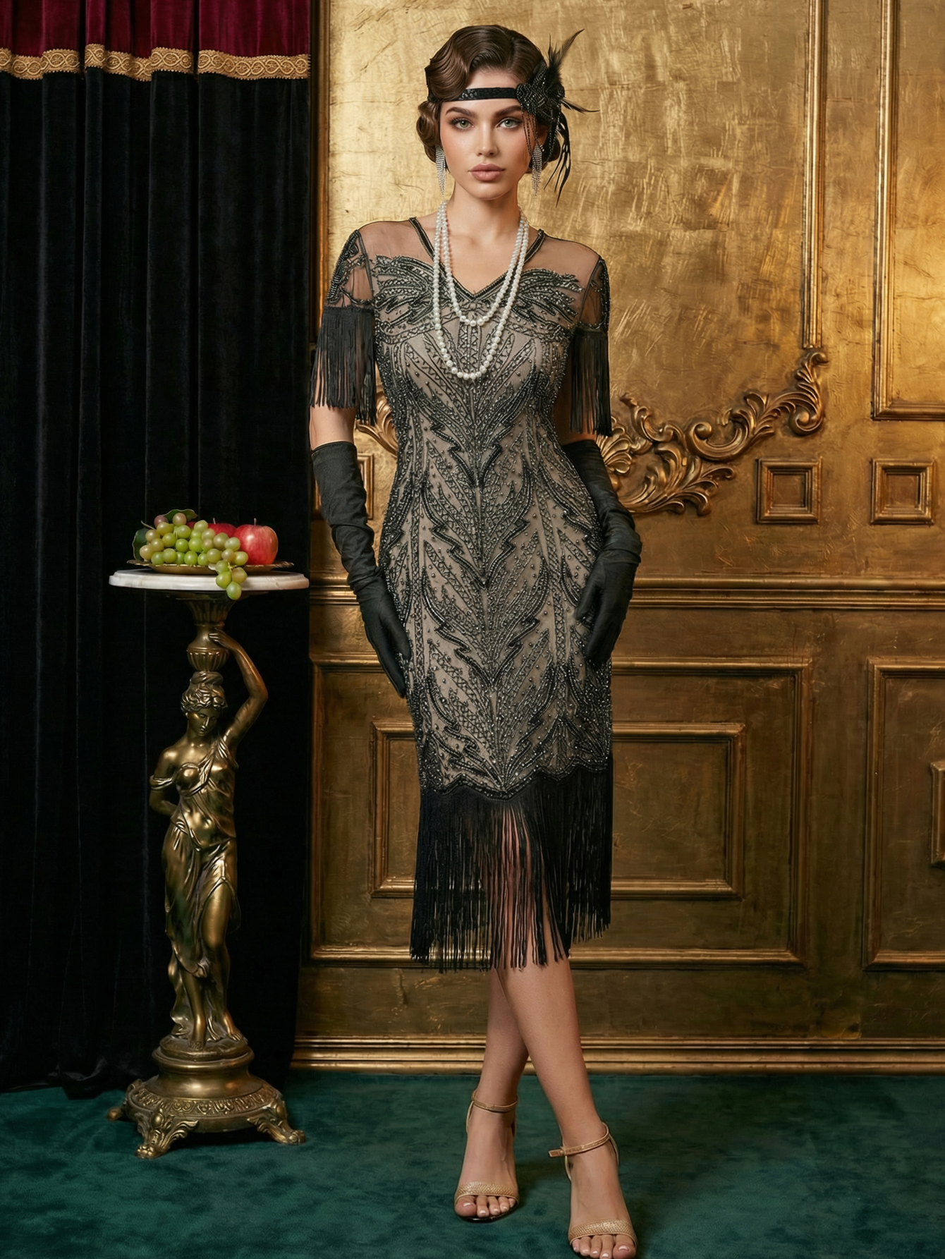 Black V-neck Sequin 1920s Fringed Flapper Dress