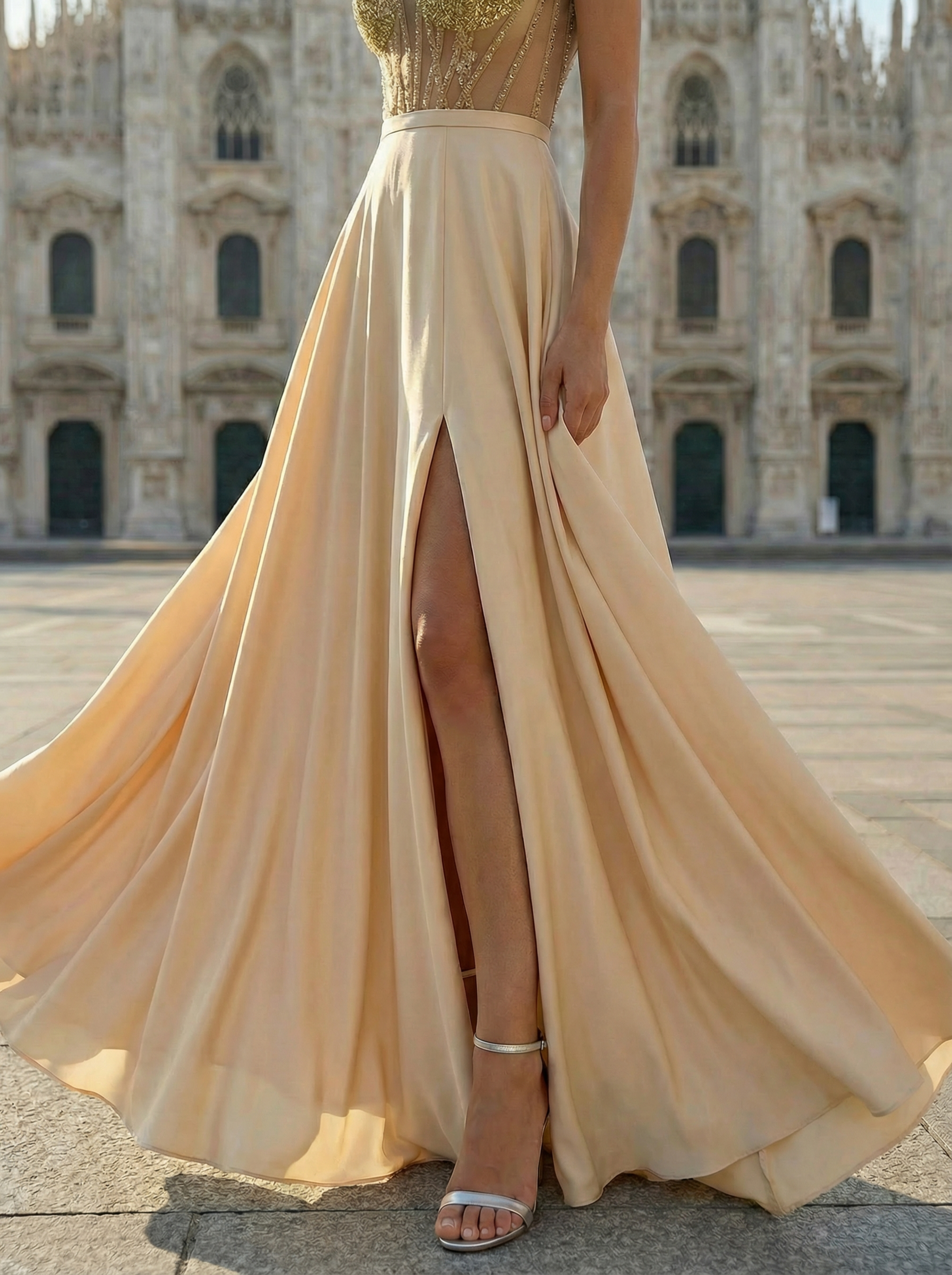 Chic Champagne Sheer Mermaid Gown with Intricate Beading and a Seductive Slit