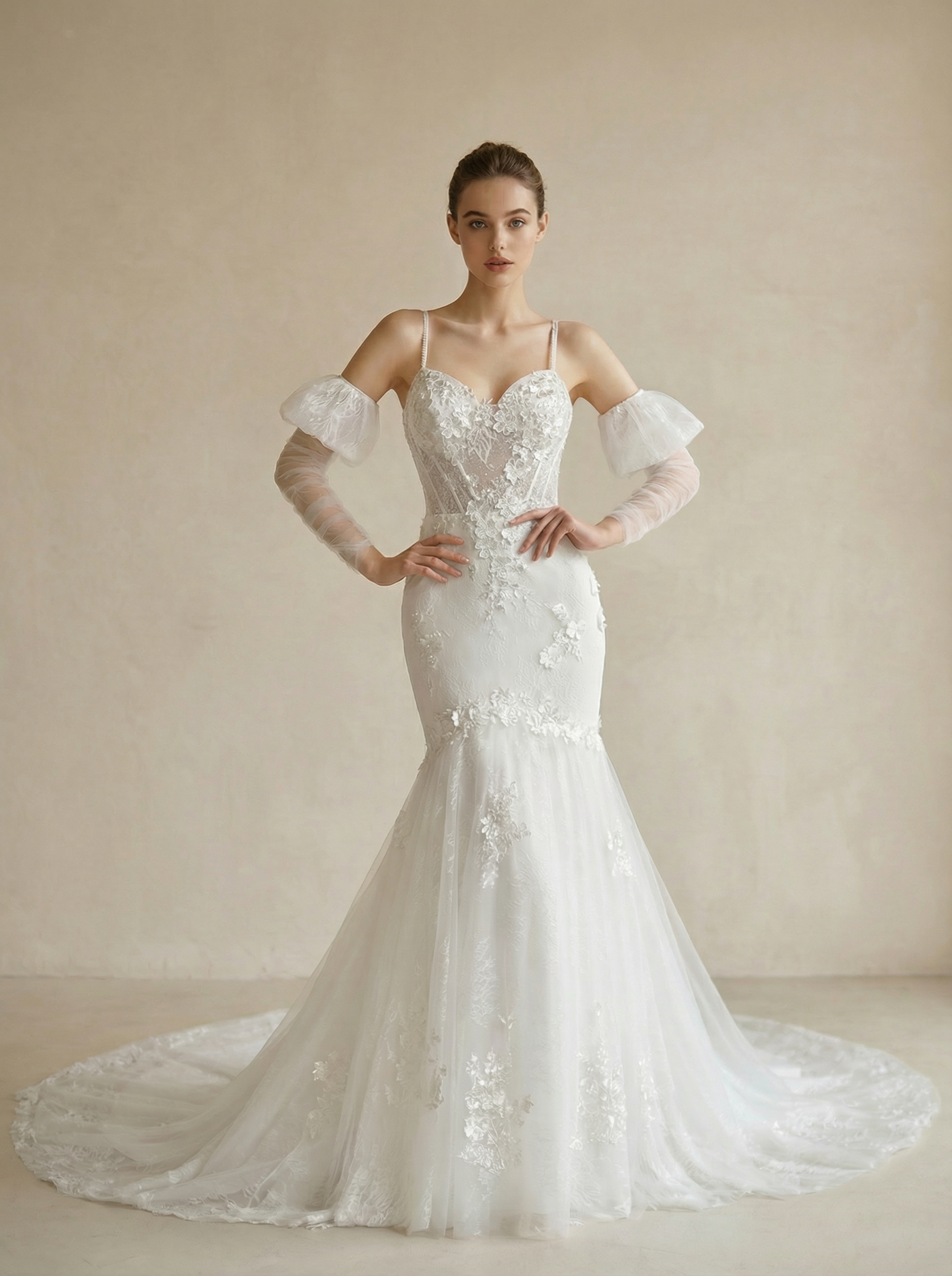 Elegant Embroidered and Crystal-Embellished Tulle Wedding Gown