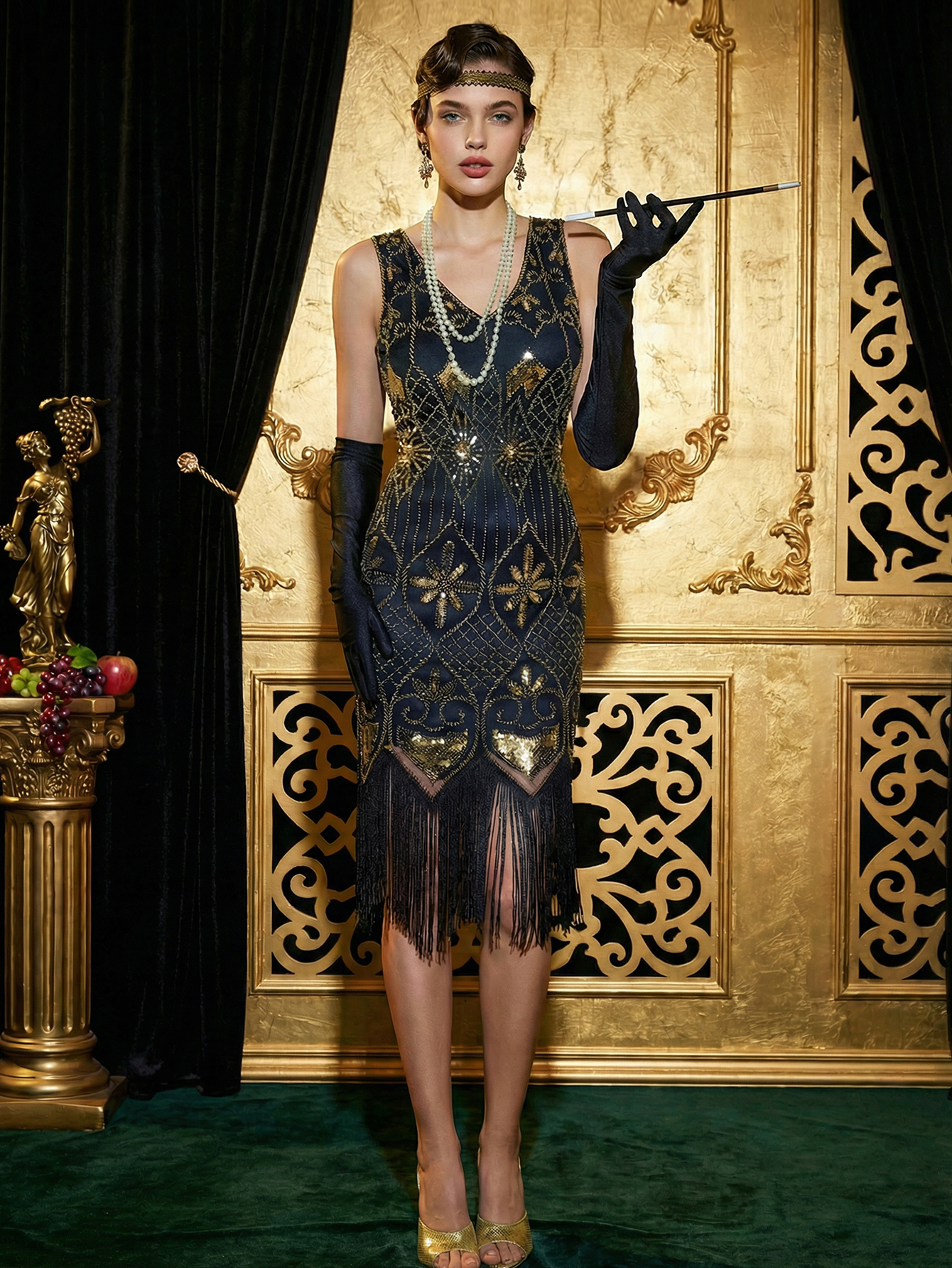 Black Golden V-neck Sequin Fringed Flapper Dress