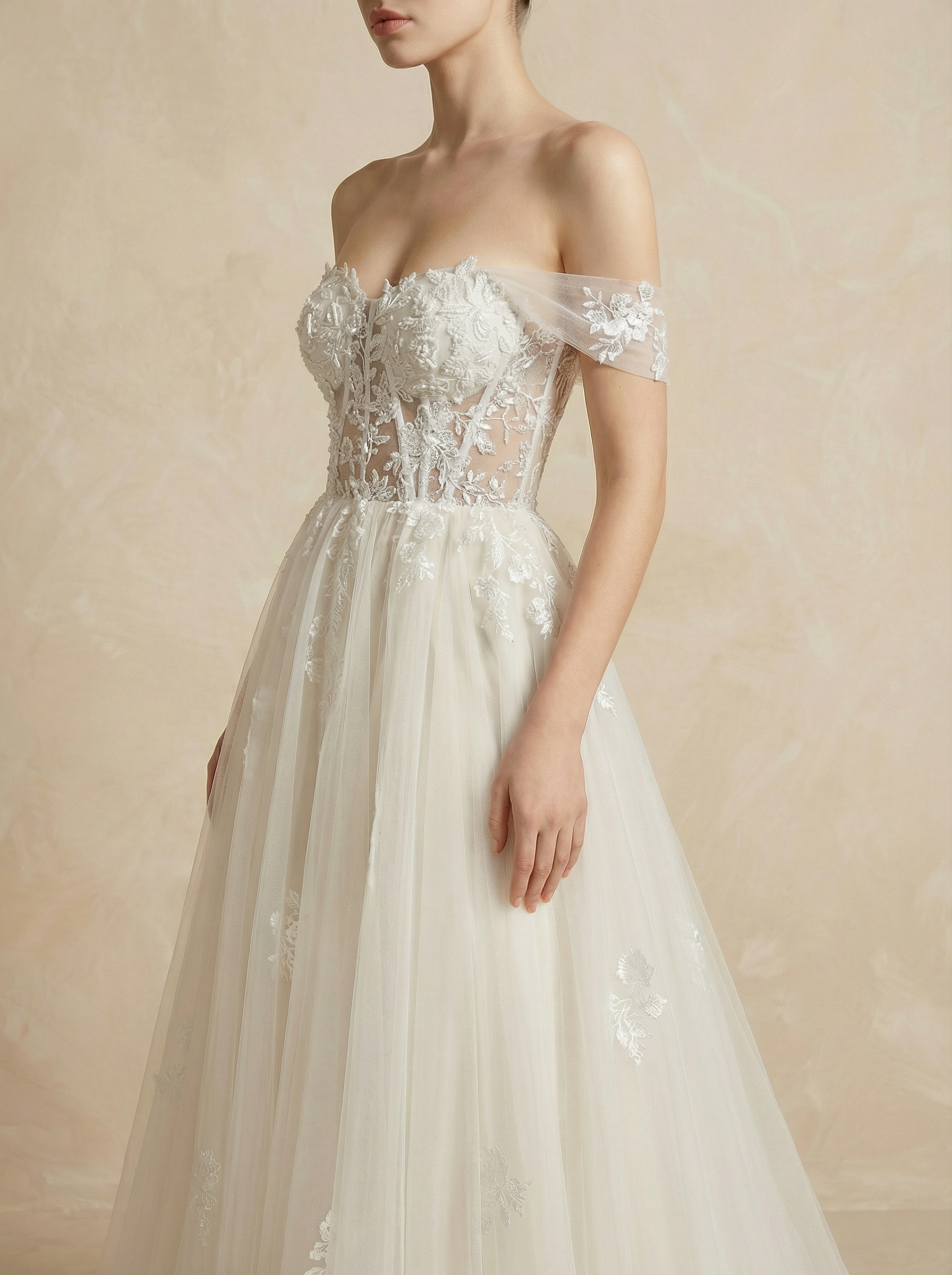 Classic Floral Lace Appliqué A-Line Wedding Dress