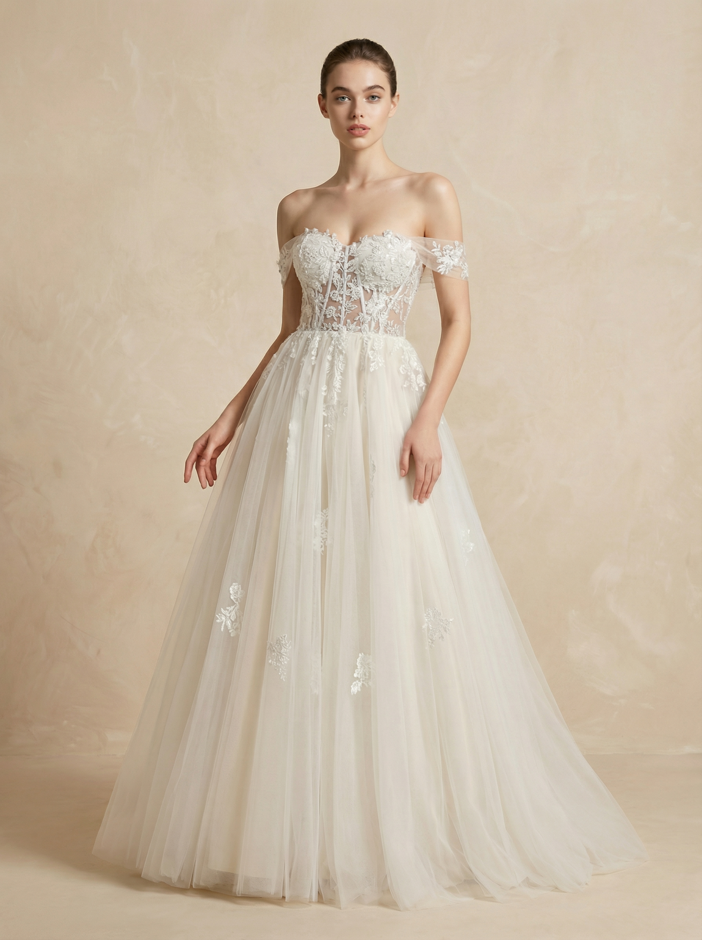 Classic Floral Lace Appliqué A-Line Wedding Dress