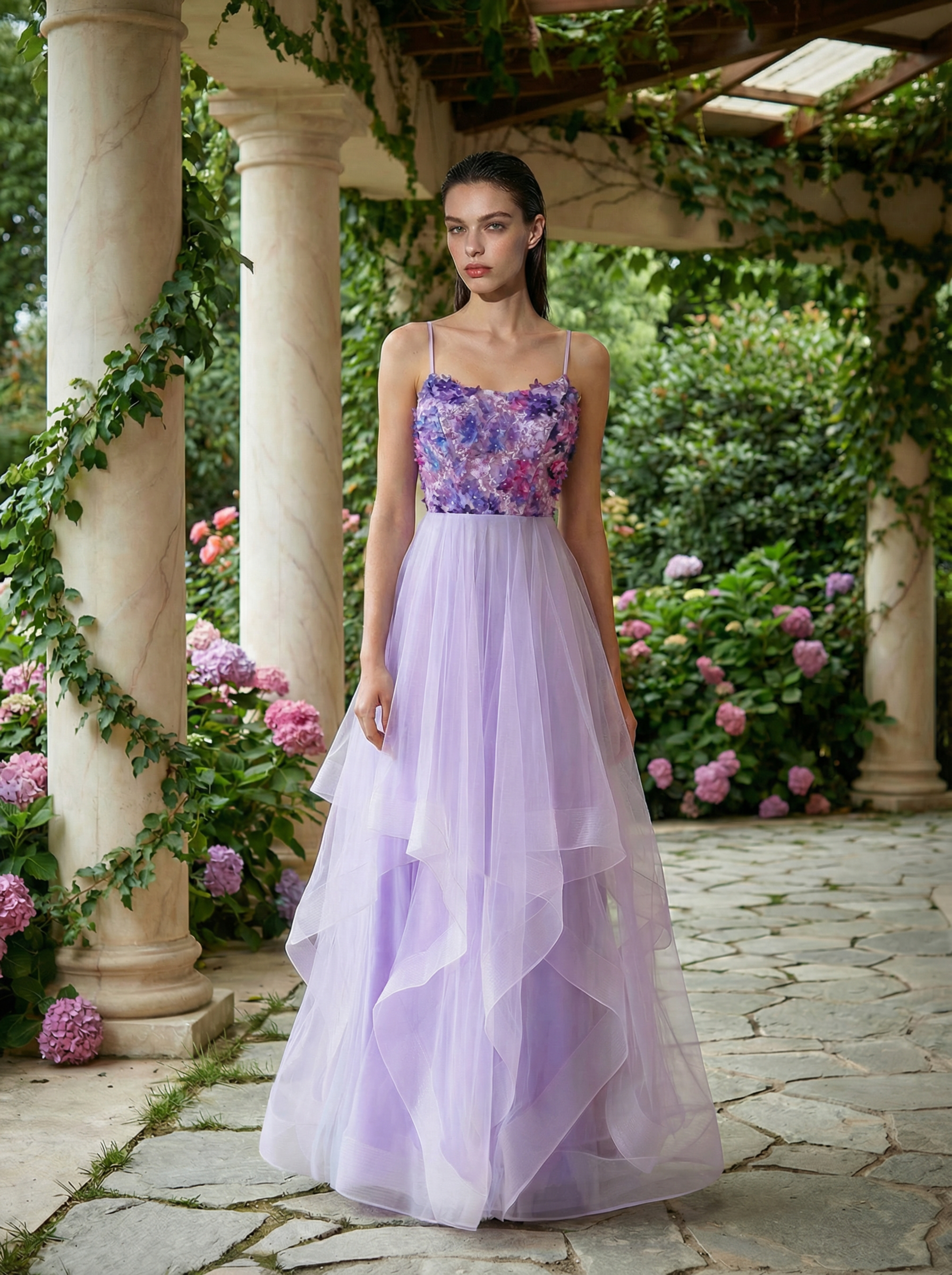 Colorful Spaghetti-Strap Prom Dress with Multi-Layered Tulle Skirt