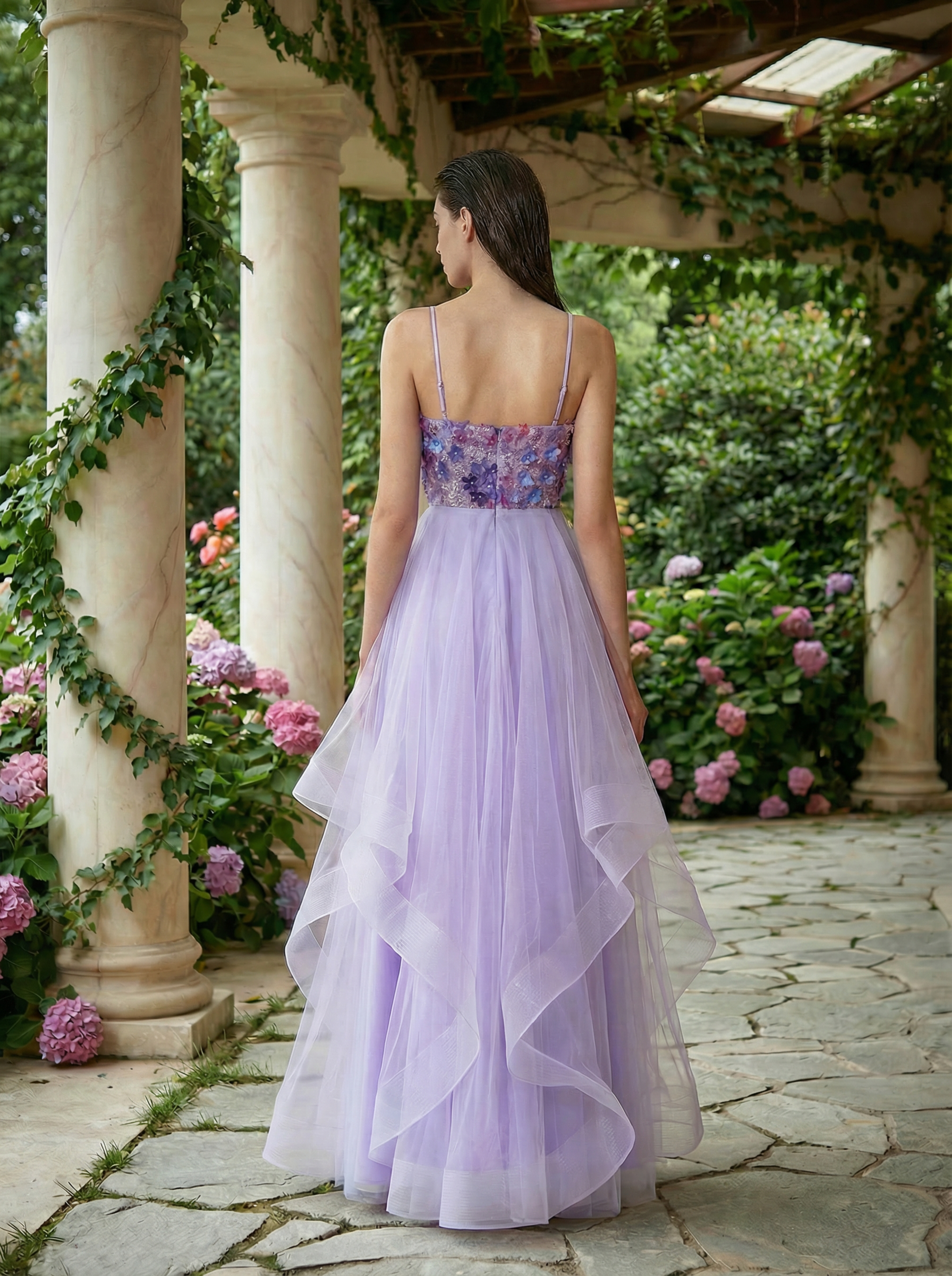 Colorful Spaghetti-Strap Prom Dress with Multi-Layered Tulle Skirt