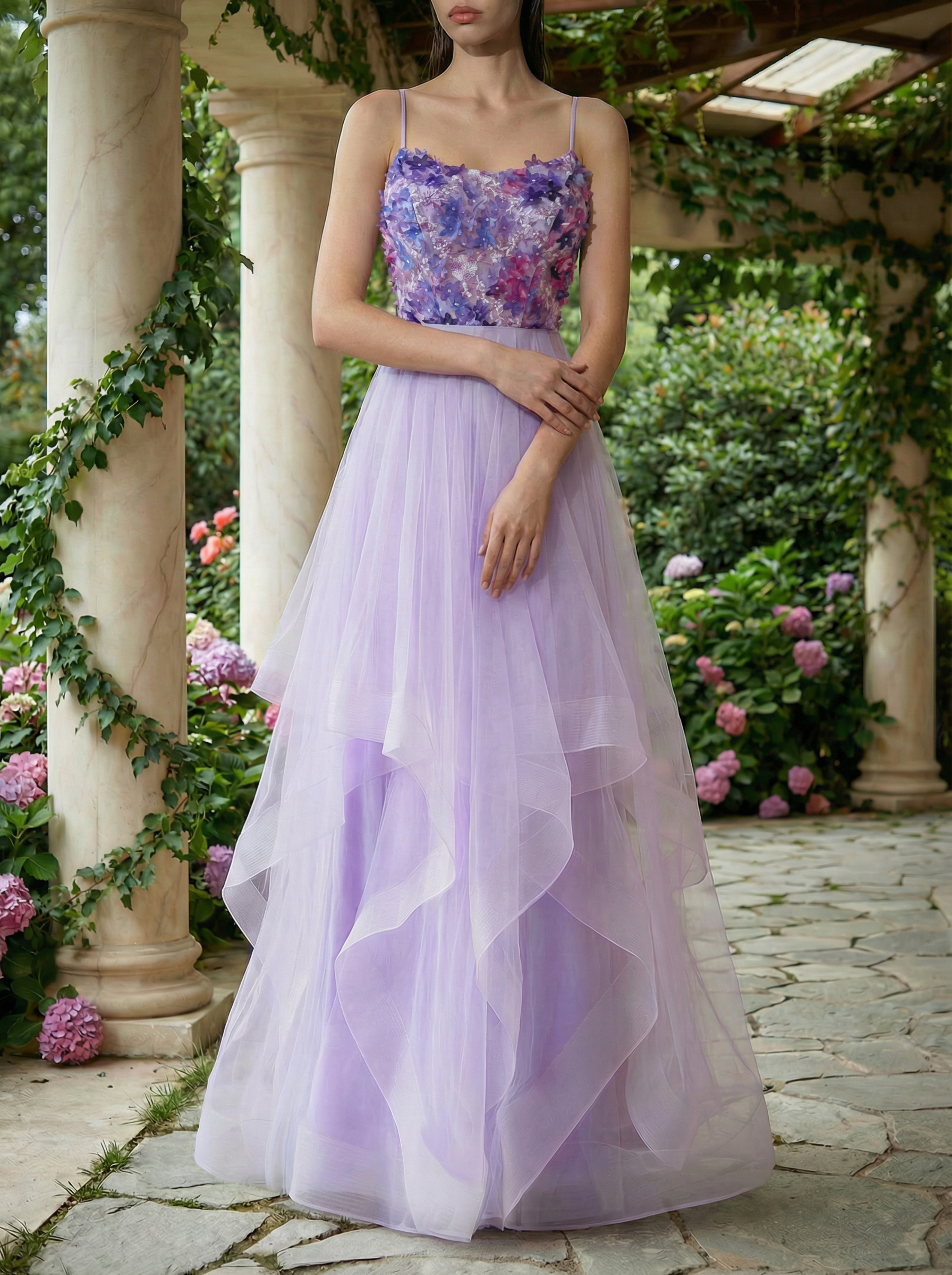 Colorful Spaghetti-Strap Prom Dress with Multi-Layered Tulle Skirt