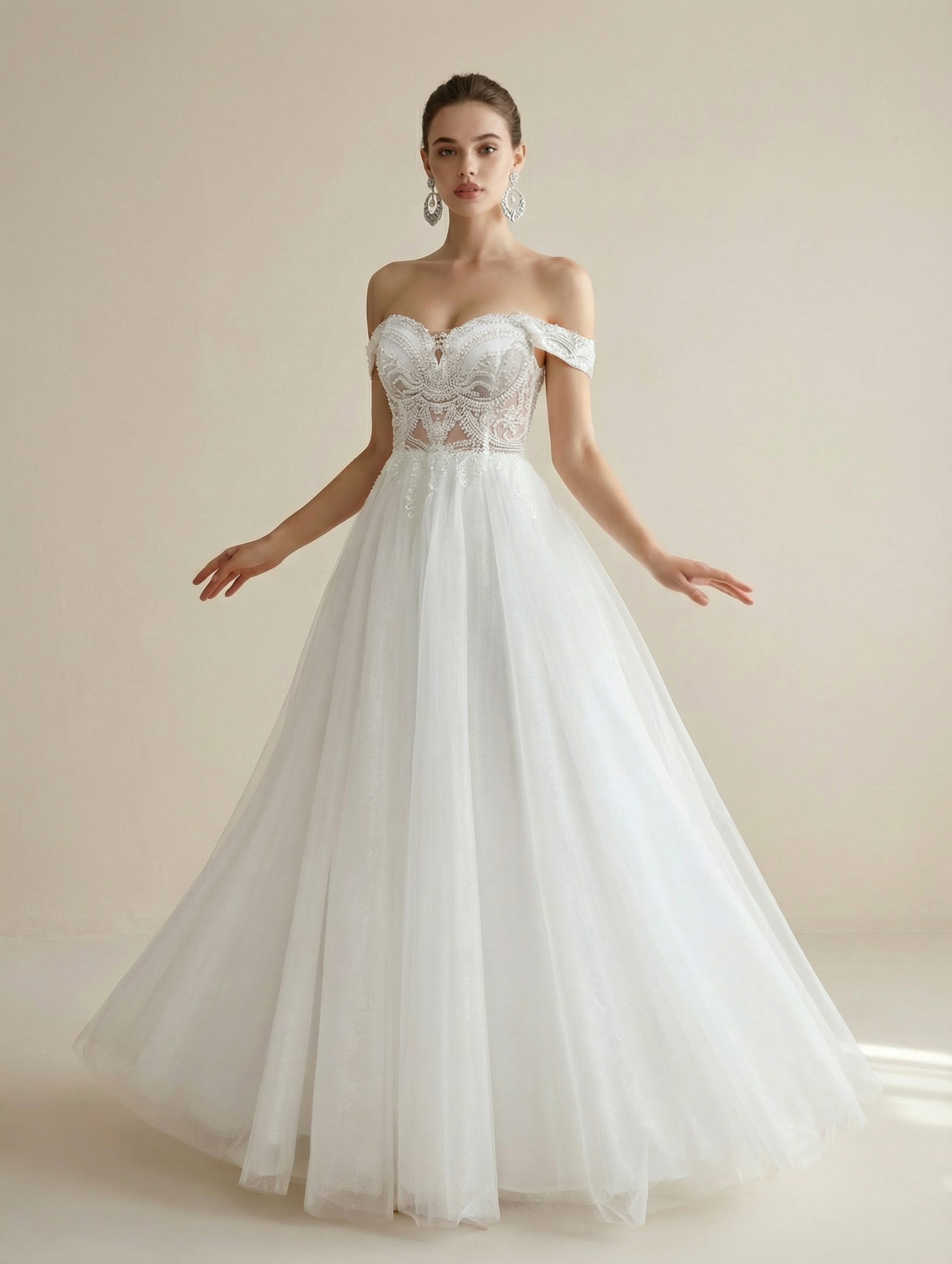 Romantic Criss-Cross Strap Cold Shoulder Tulle Wedding Dress