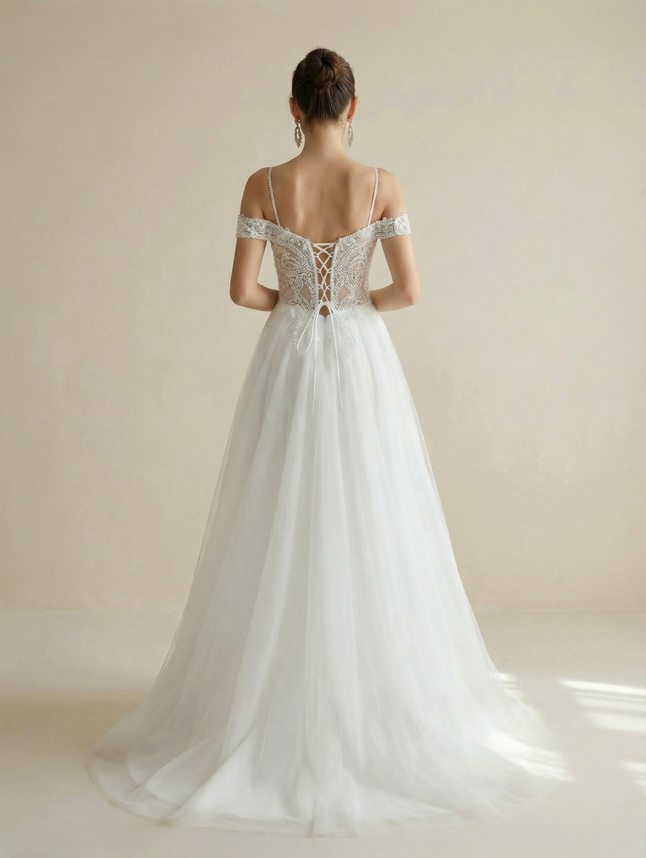 Romantic Criss-Cross Strap Cold Shoulder Tulle Wedding Dress