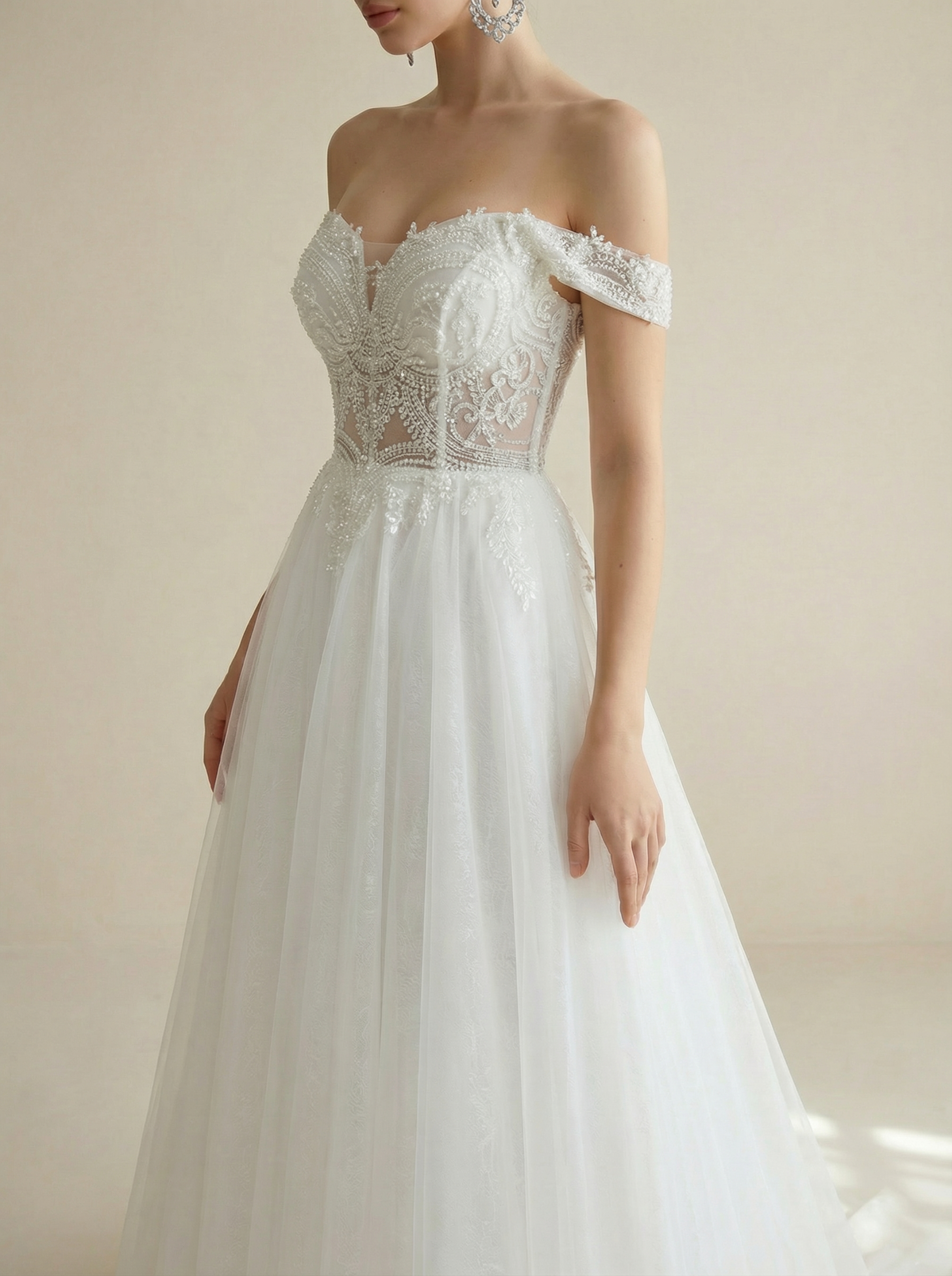 Romantic Criss-Cross Strap Cold Shoulder Tulle Wedding Dress