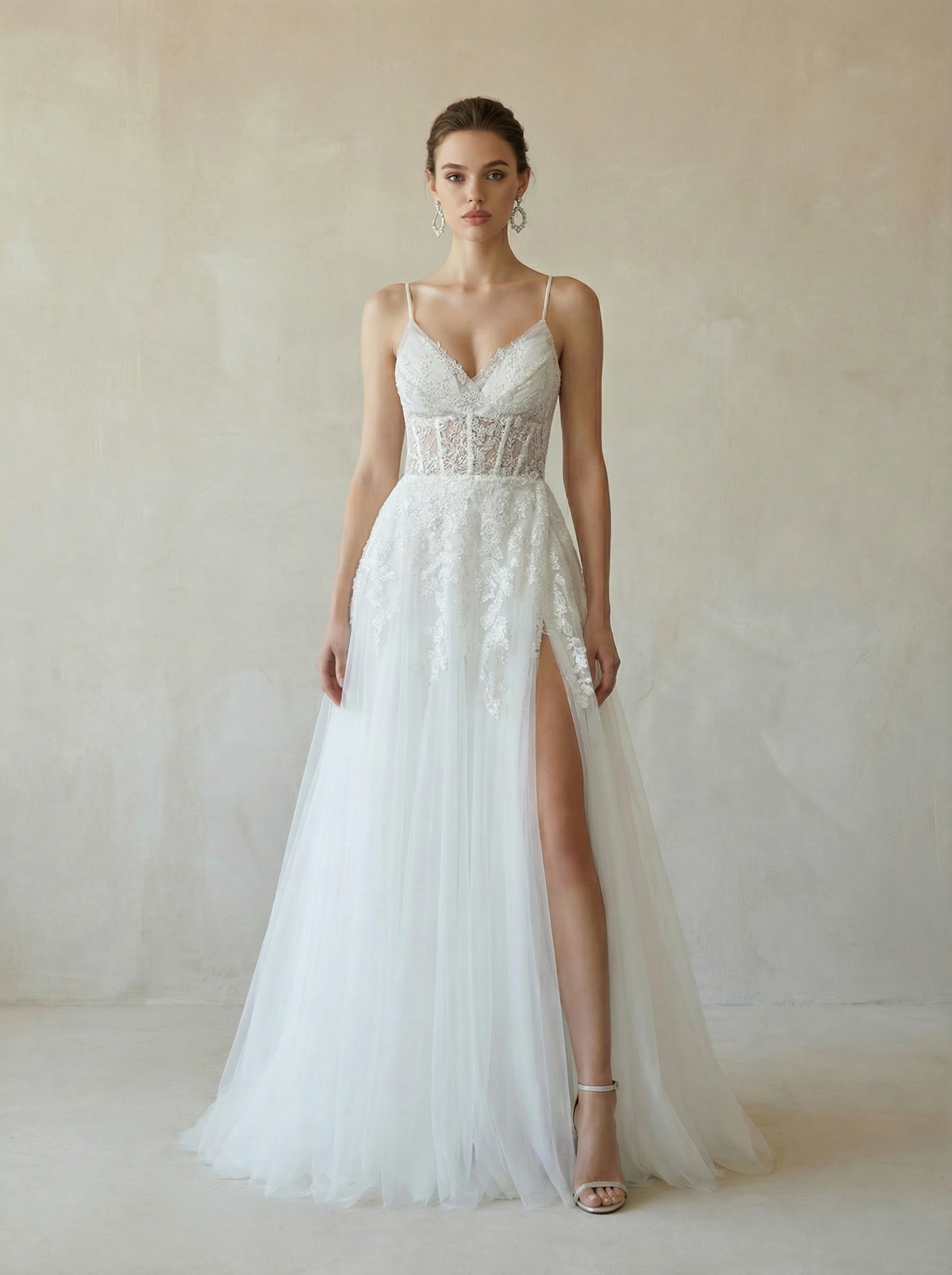 Crisscross V-Neck Slit Tulle Gown