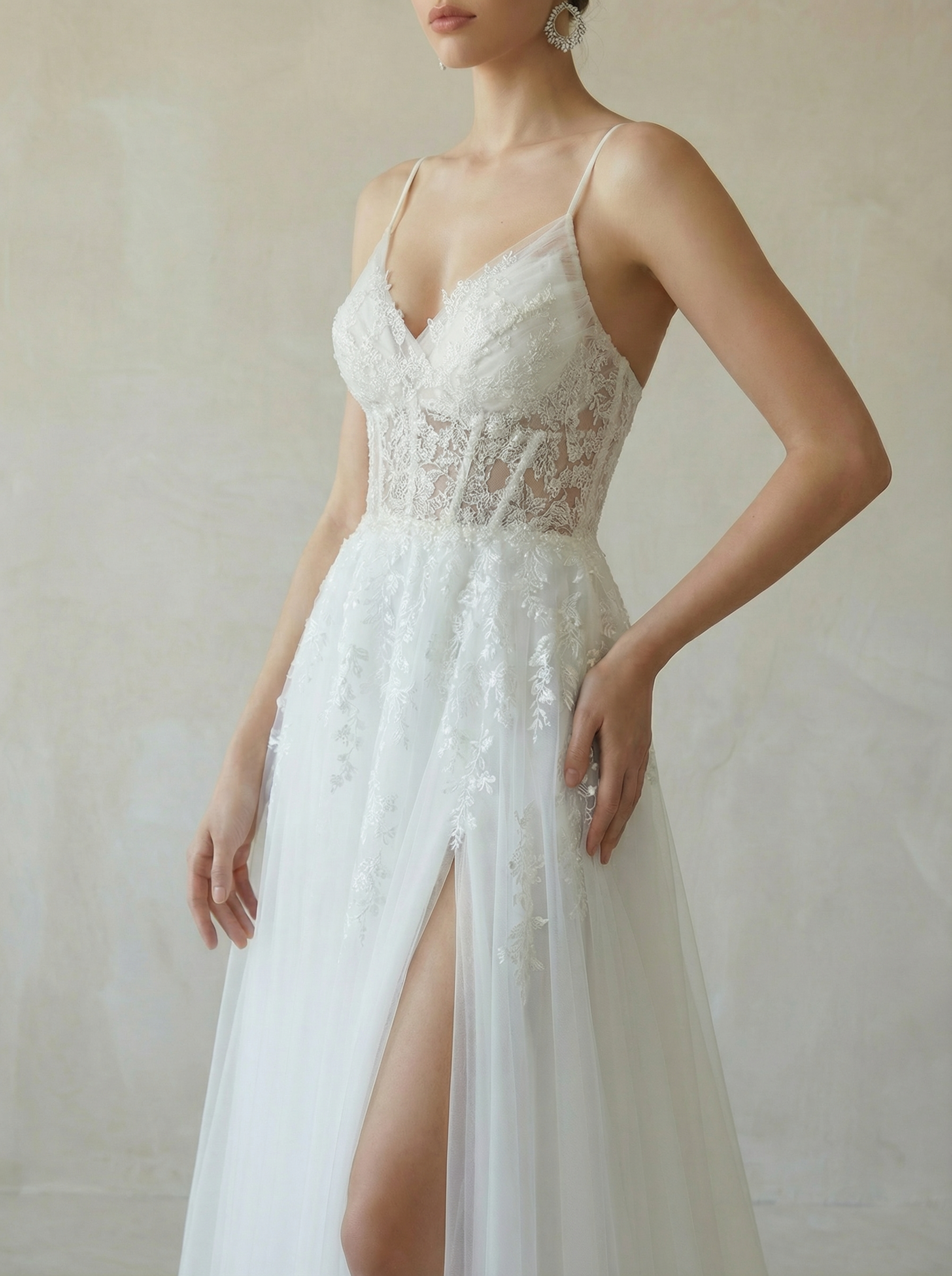 Crisscross V-Neck Tulle A-Line Wedding Dress with Slit