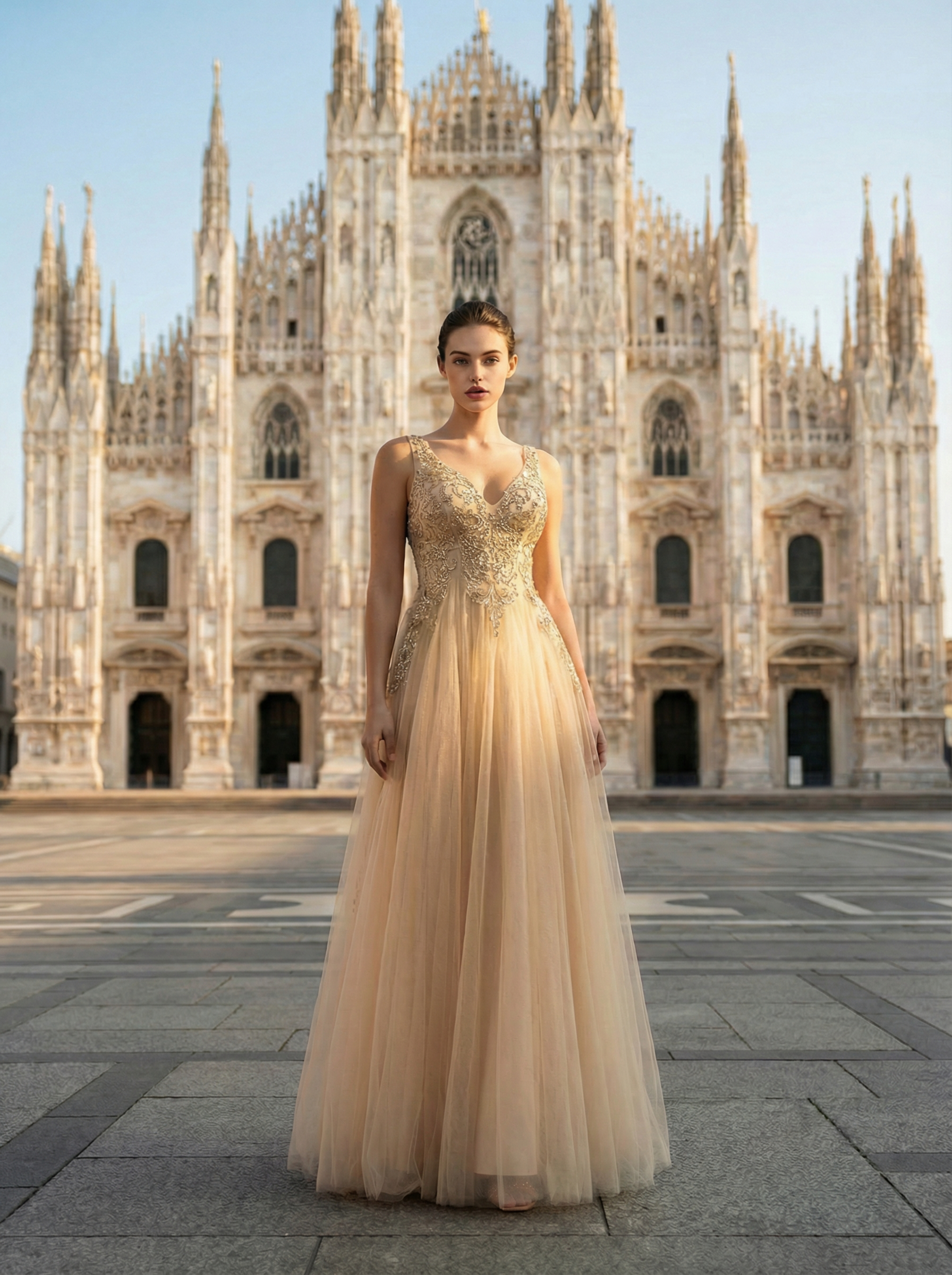 Deep Champagne Embroidered Tulle Evening Gown with Full Skirt