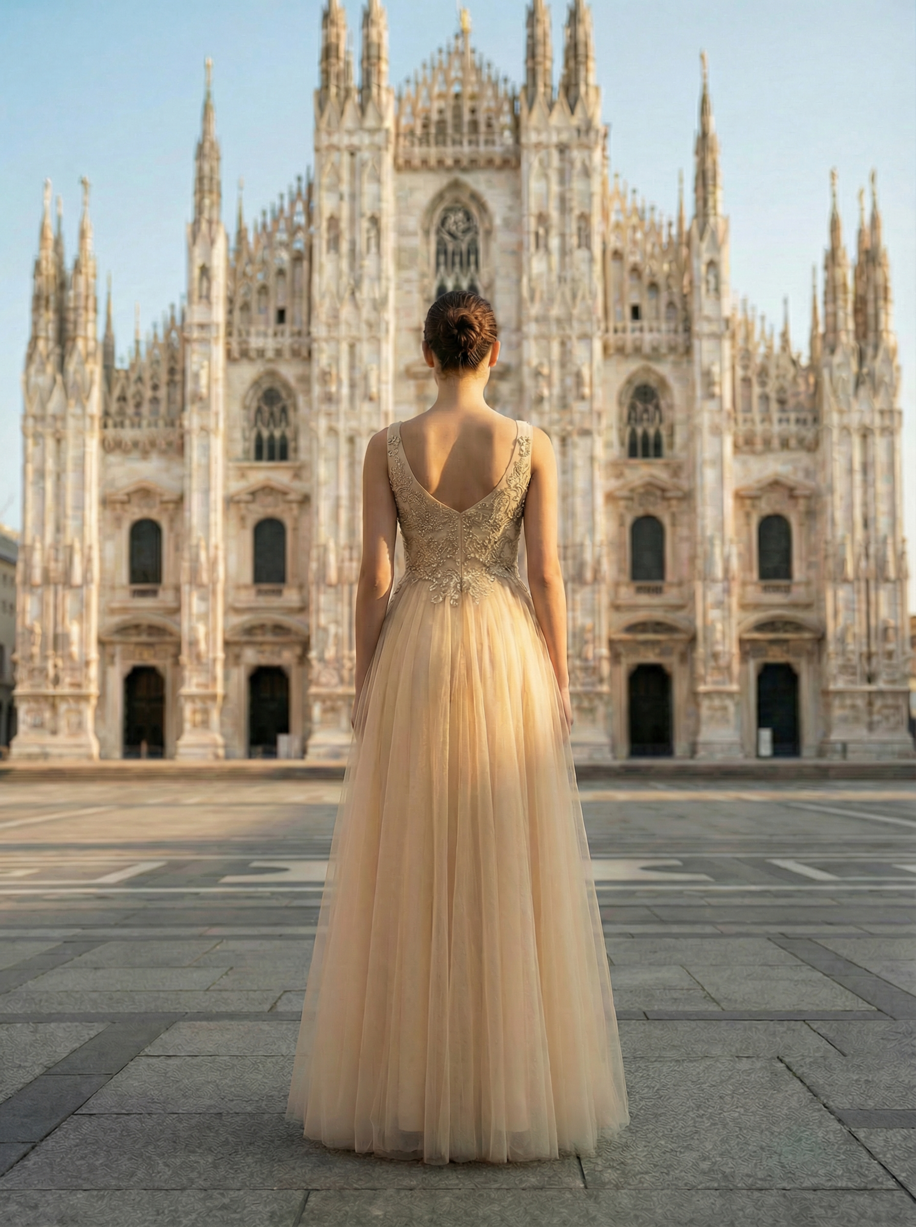 Deep Champagne Embroidered Tulle Evening Gown with Full Skirt