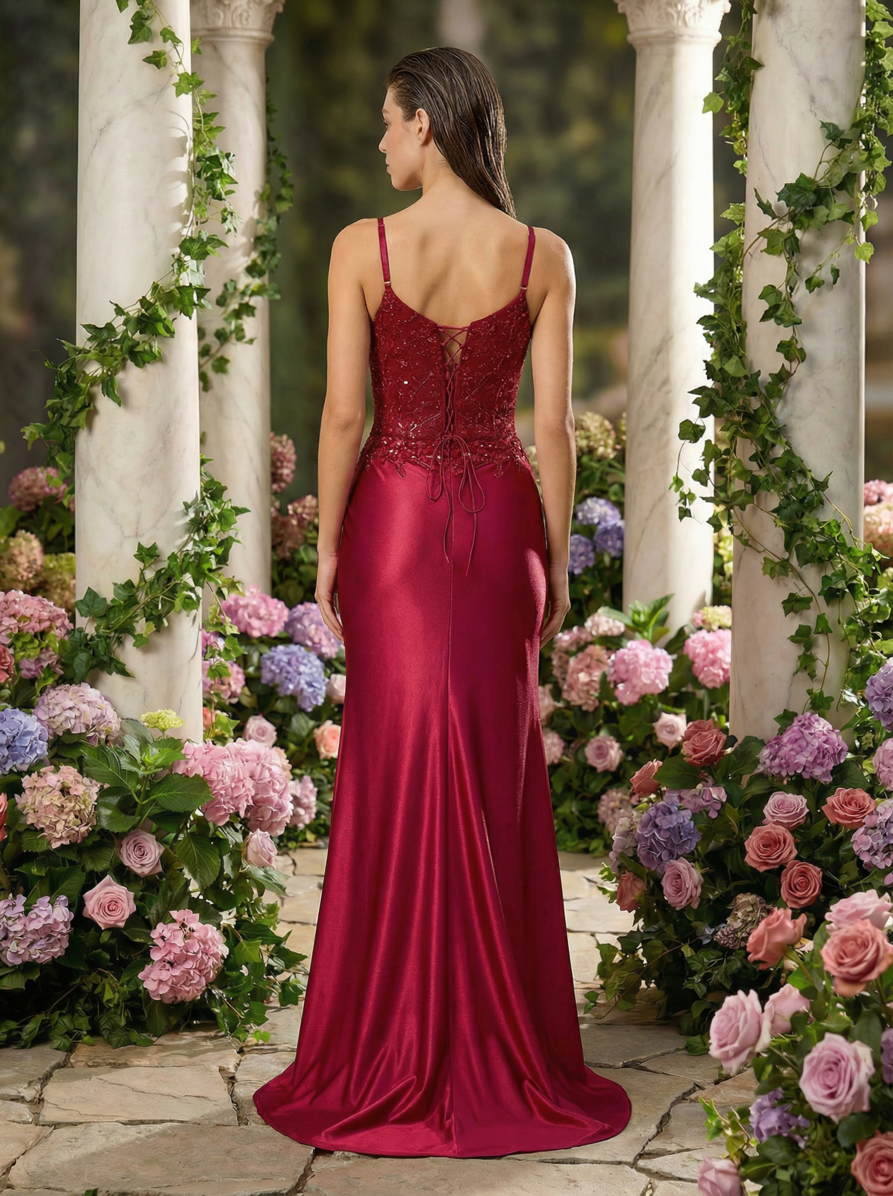 Deep V-Neck Beaded Prom Dress with Spaghetti Straps