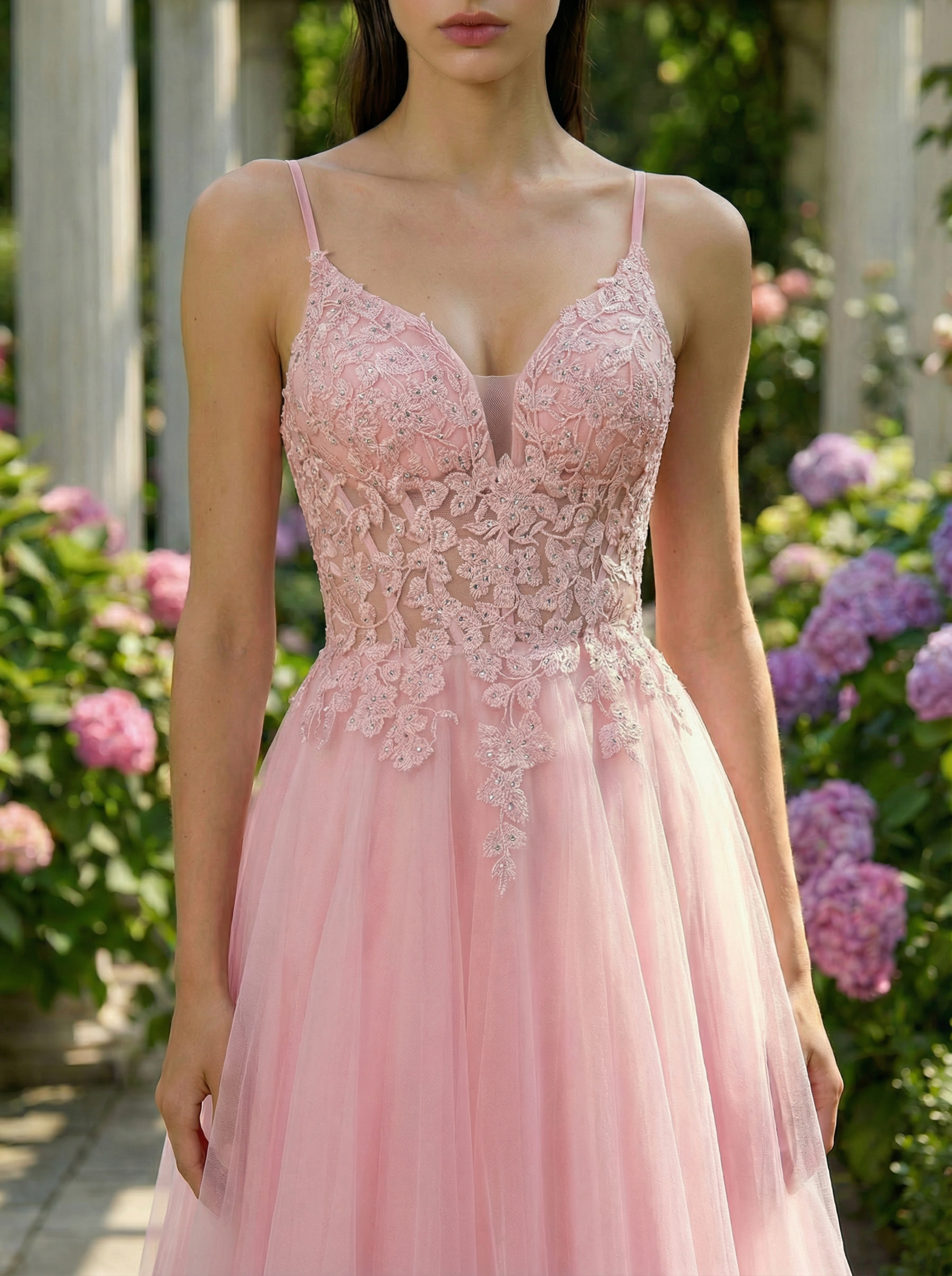 Dreamy Pink Elegant Gown with Lace Embroidery in a Floral Row and a Full Tulle Skirt