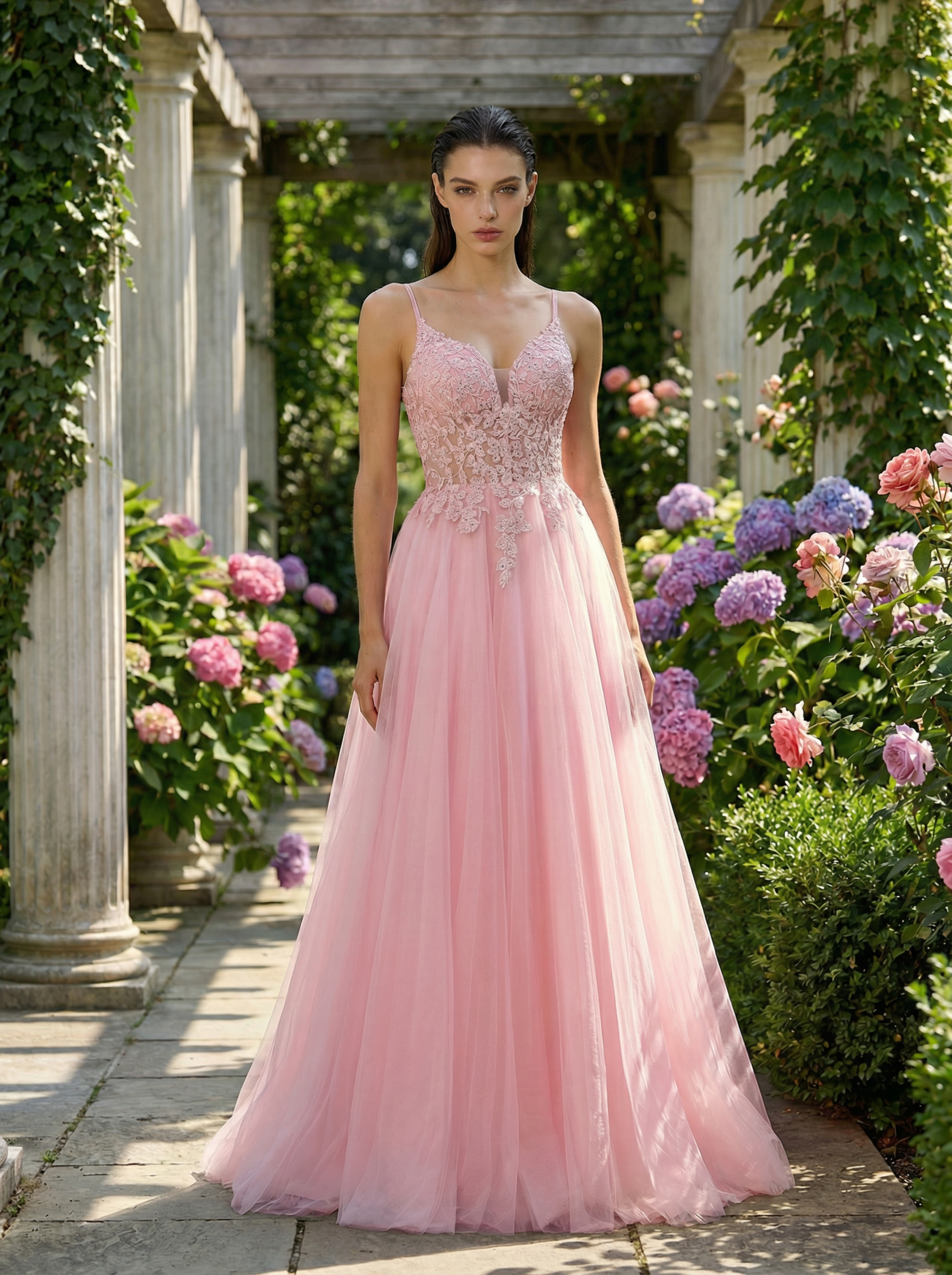 Dreamy Pink Elegant Gown with Lace Embroidery in a Floral Row and a Full Tulle Skirt