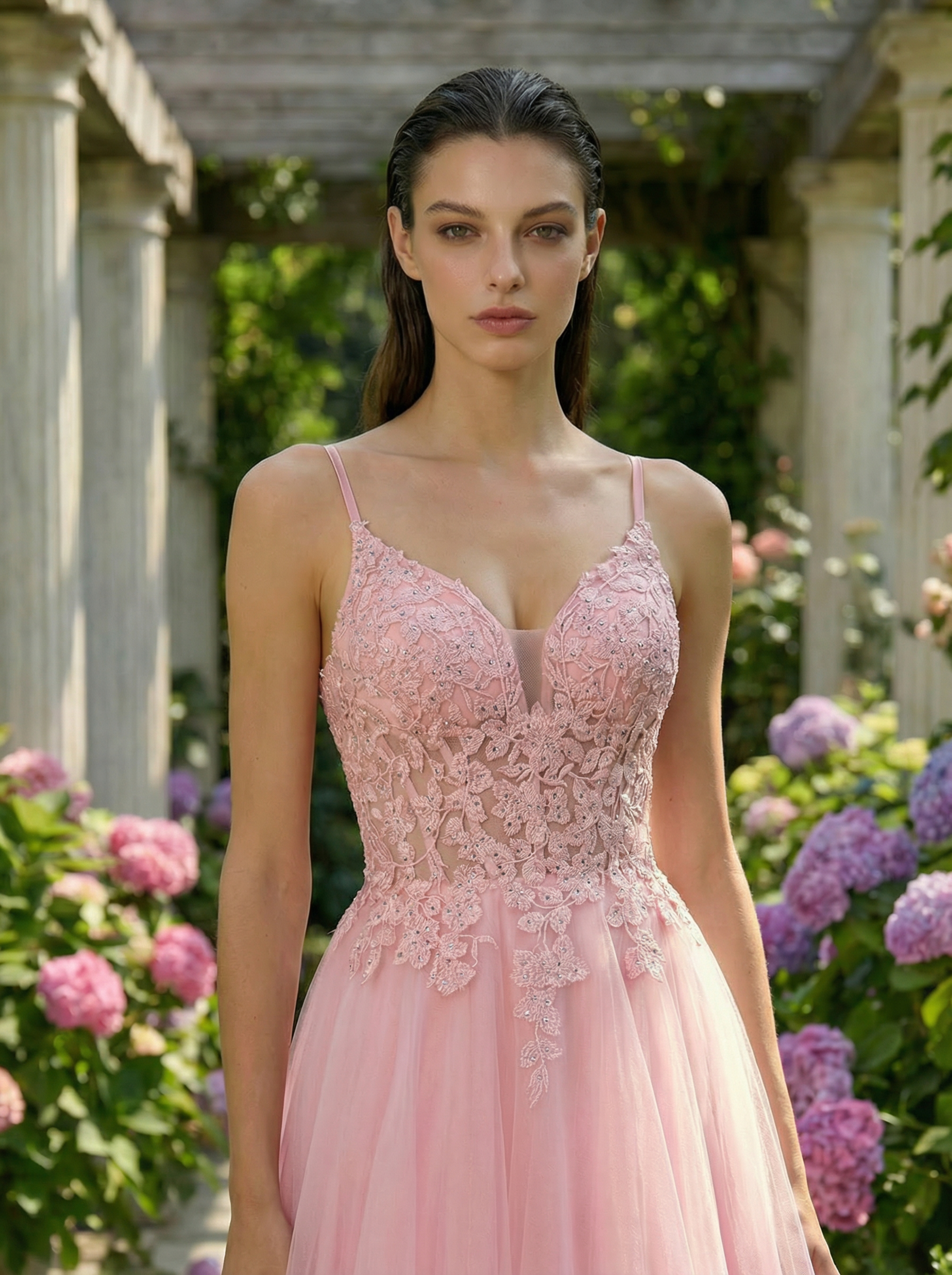 Dreamy Pink Elegant Gown with Lace Embroidery in a Floral Row and a Full Tulle Skirt
