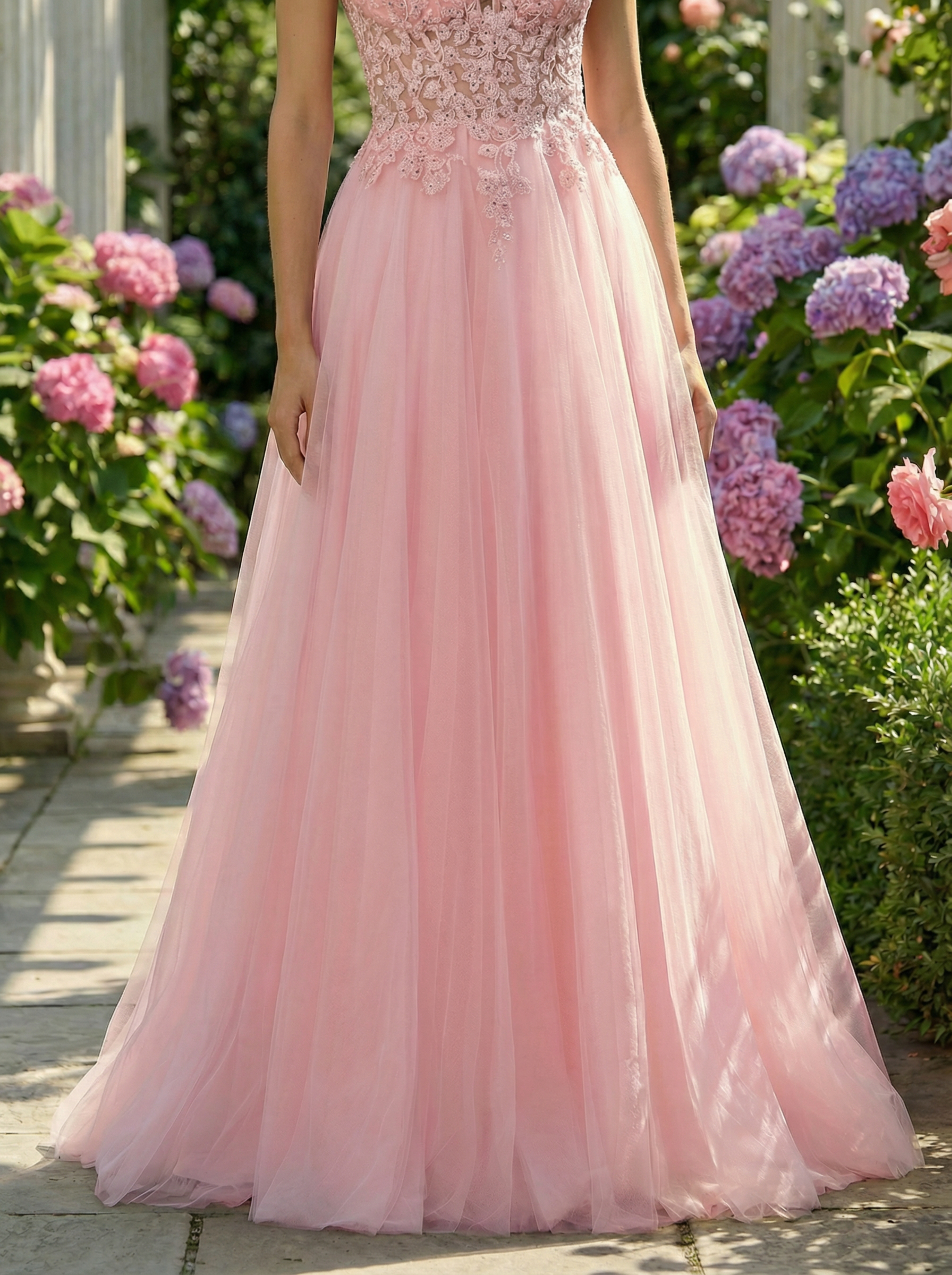 Dreamy Pink Elegant Gown with Lace Embroidery in a Floral Row and a Full Tulle Skirt