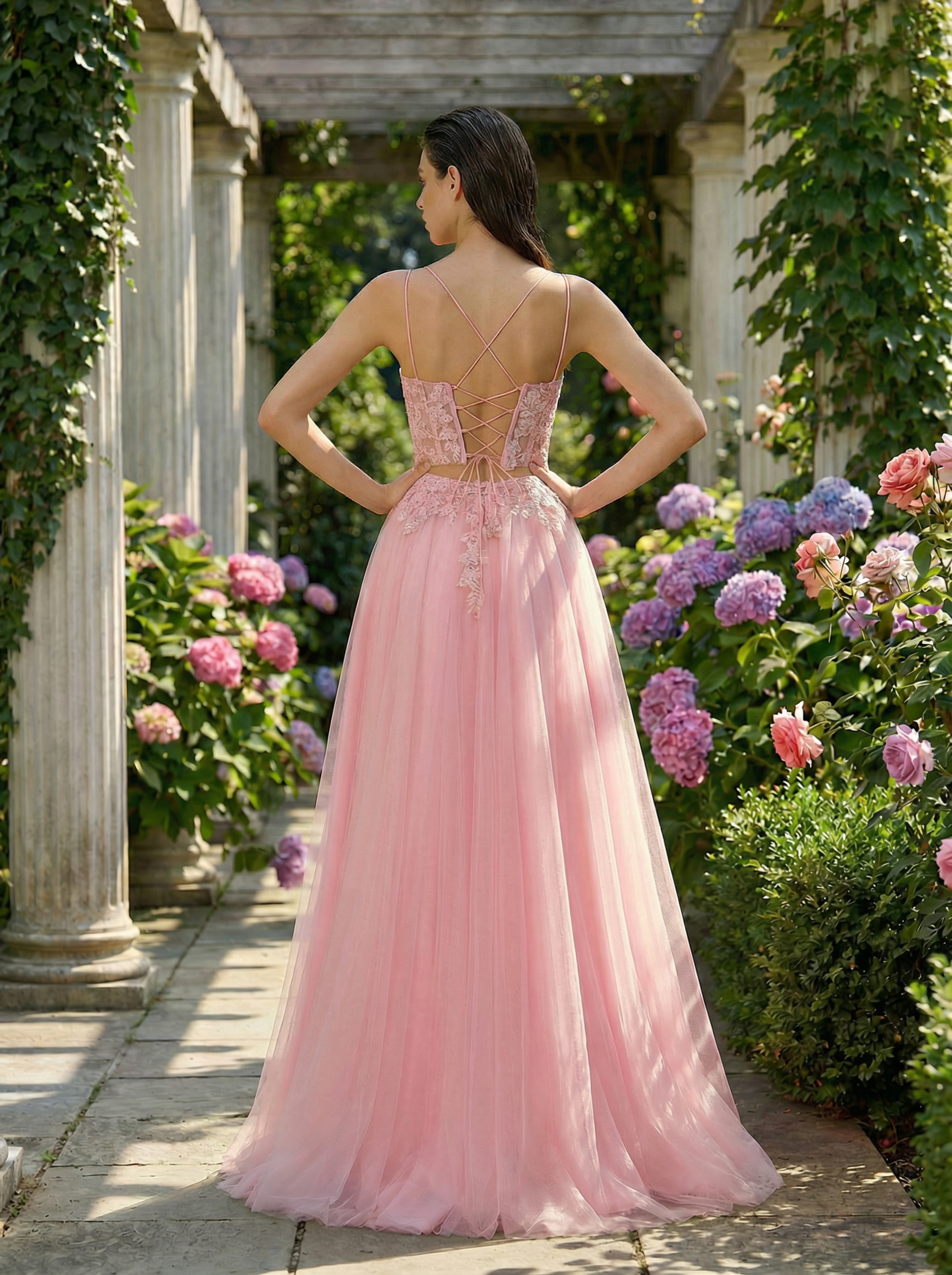 Dreamy Pink Elegant Gown with Lace Embroidery in a Floral Row and a Full Tulle Skirt