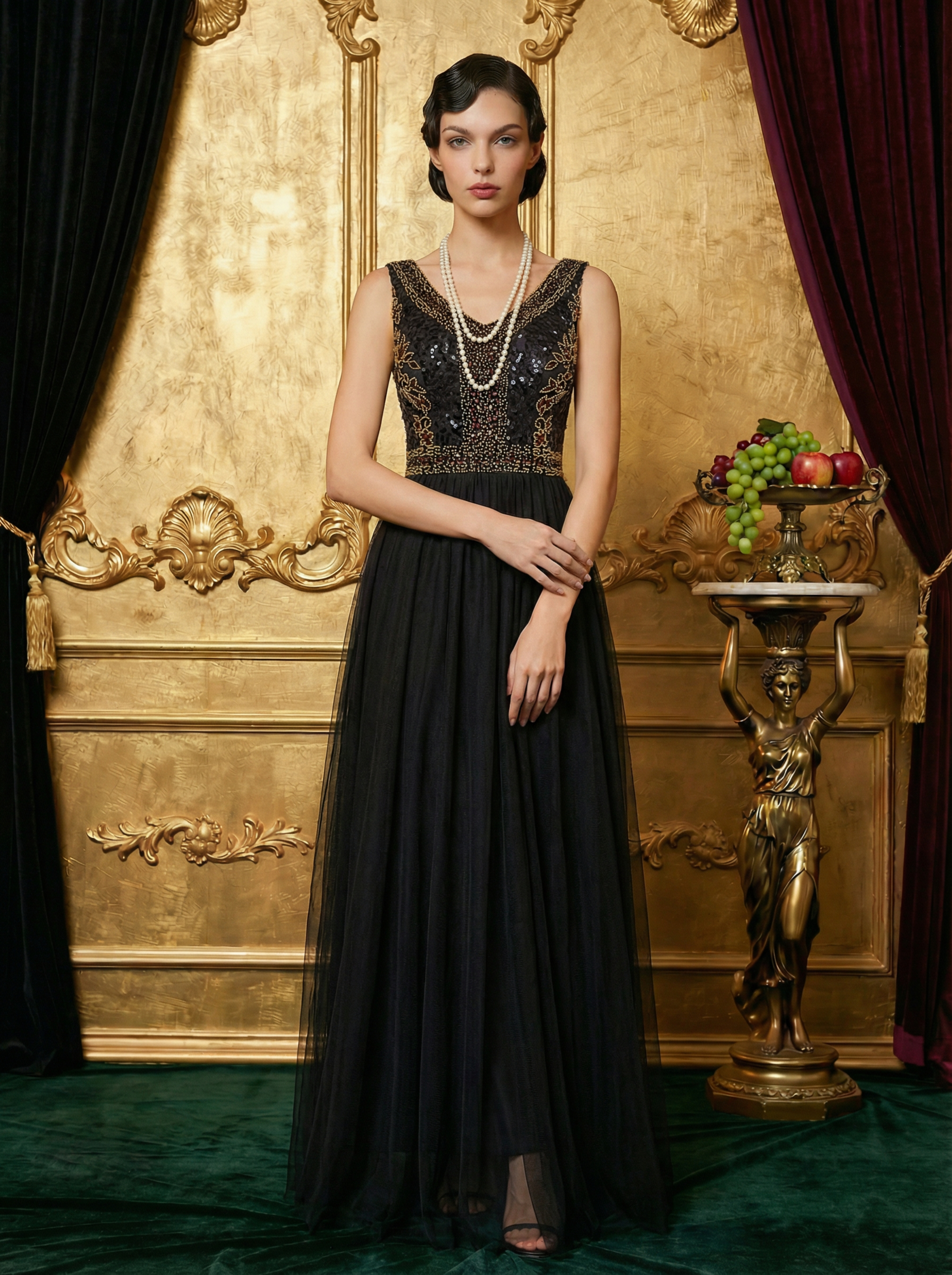 Elegant Black A-Line 1920s Beaded Mesh Evening Gown