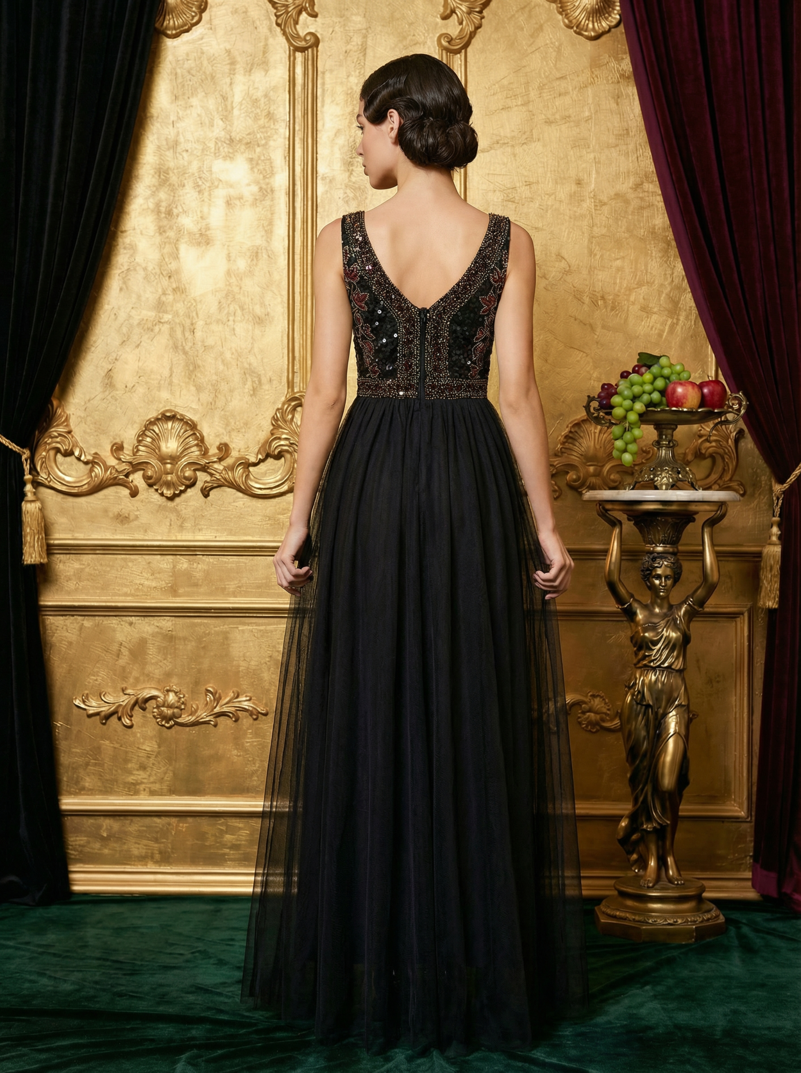 Elegant Black A-Line 1920s Beaded Mesh Evening Gown