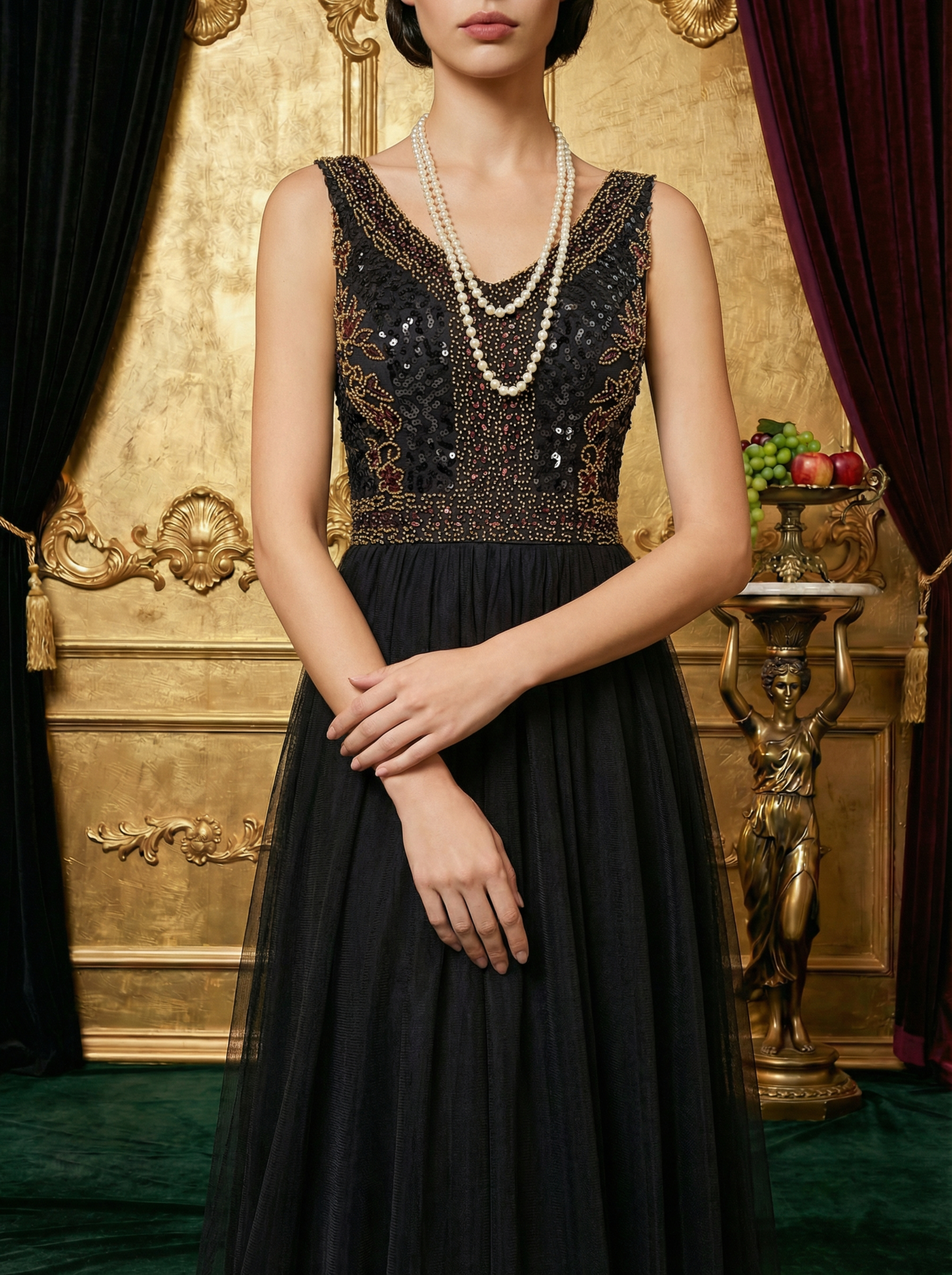 Elegant Black A-Line 1920s Beaded Mesh Evening Gown