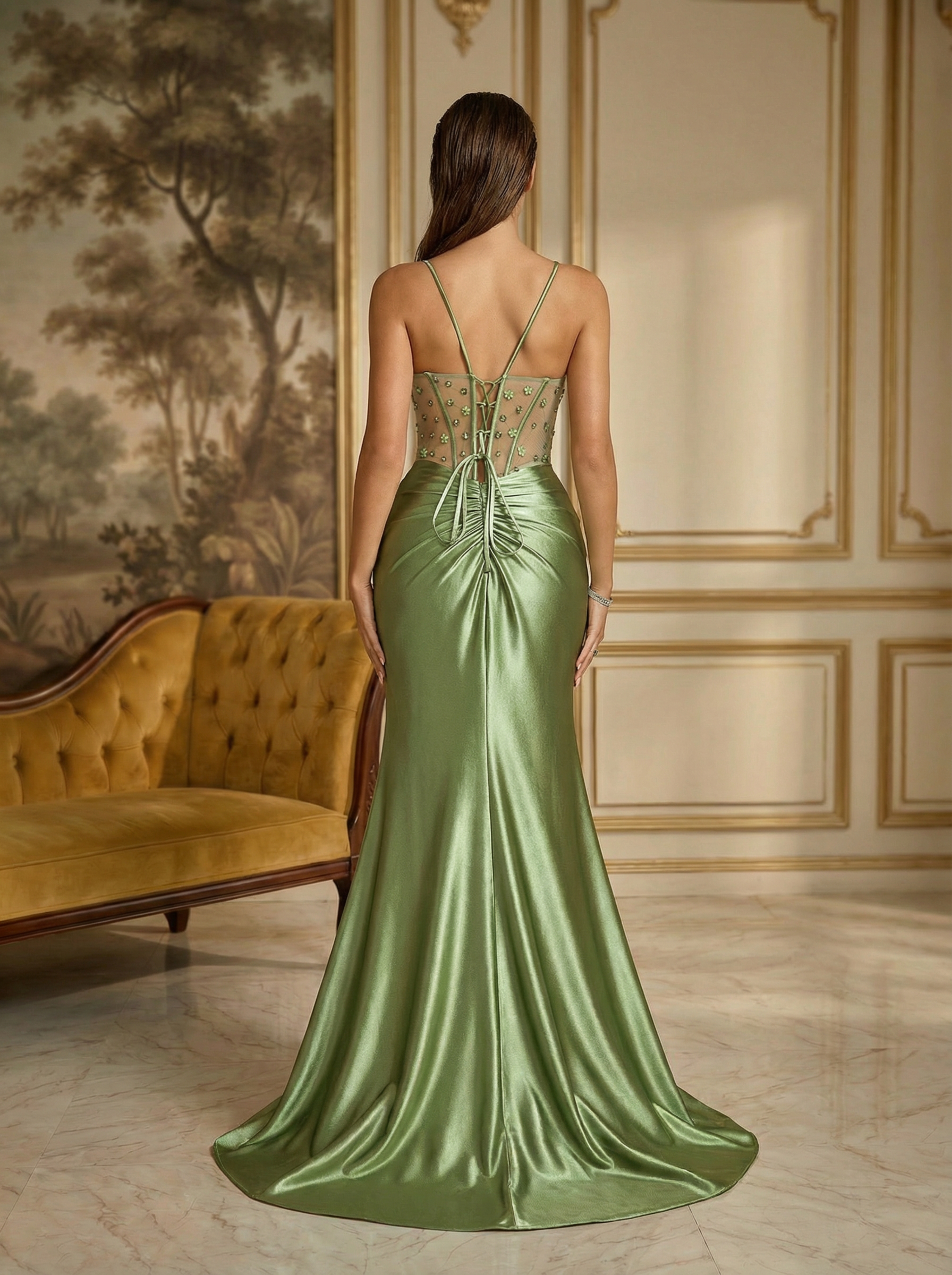 Elegant Beaded Ruched Split Mermaid Evening Gown in Green - Elegant Formal Dress
