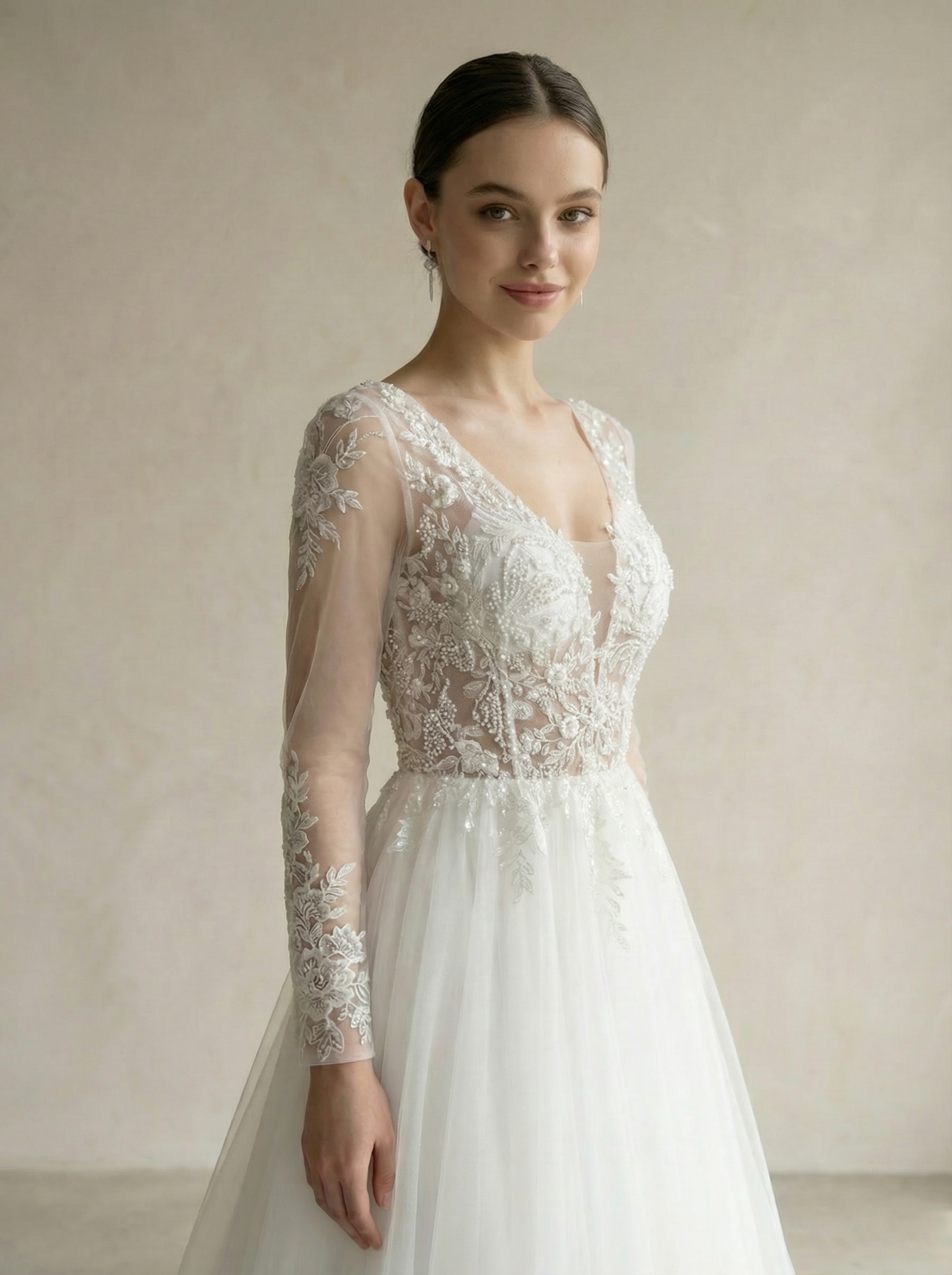 Elegant Beaded A-Line Wedding Dress with Long Sleeves