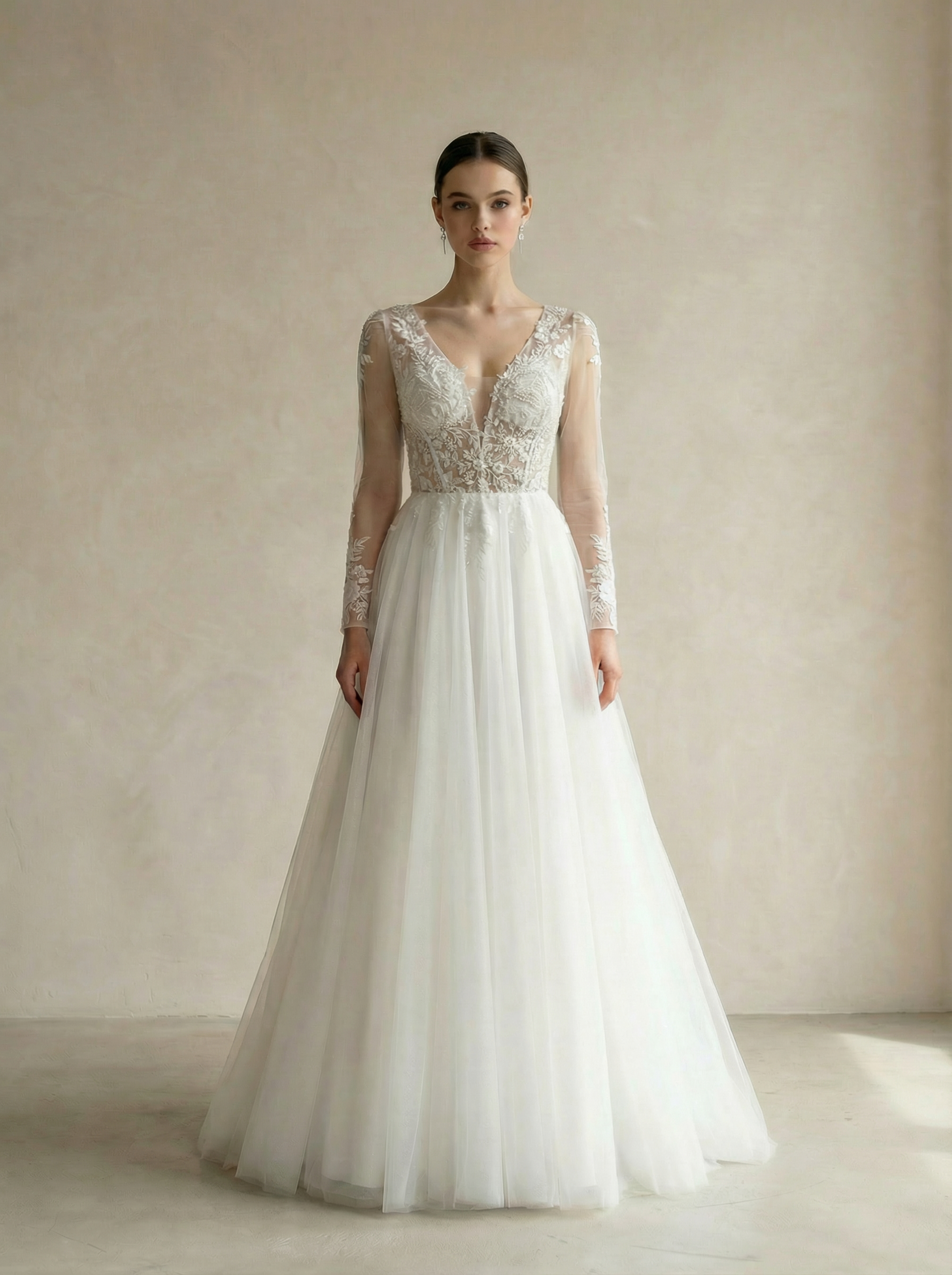 Elegant Beaded Wedding Dress with Long Sleeve