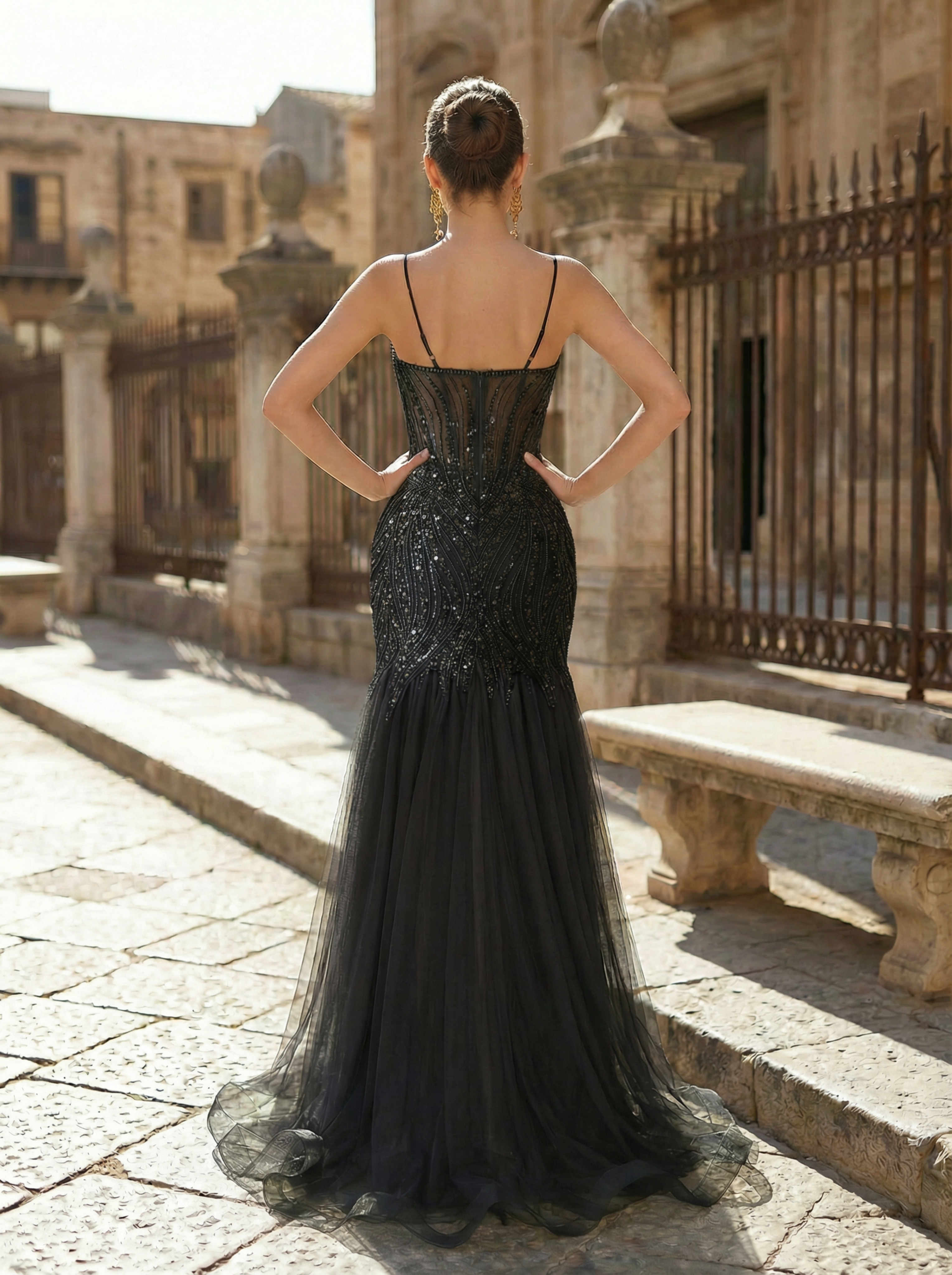Elegant Black Beaded Tulle Prom Dress with Spaghetti Straps