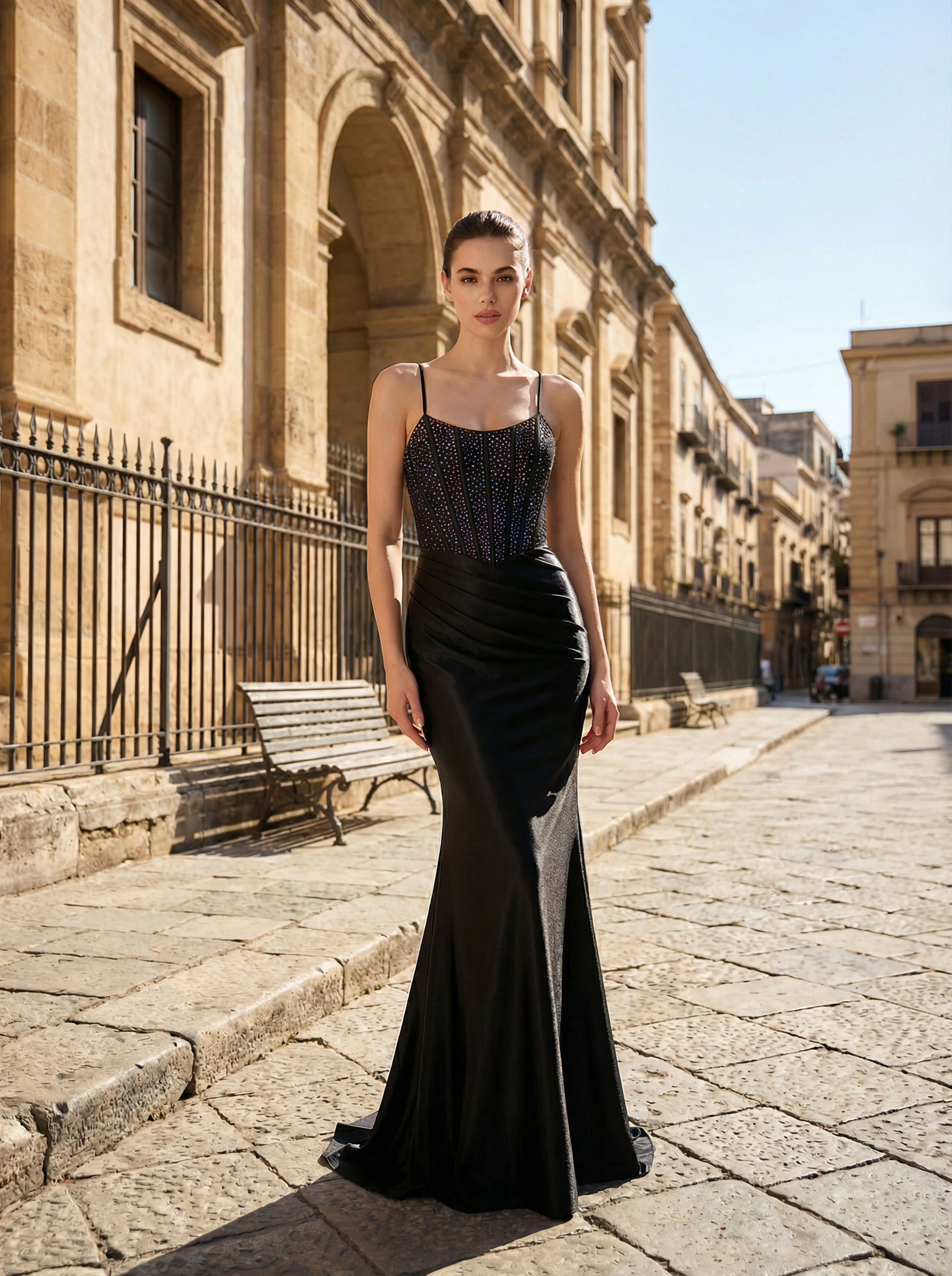 Elegant Black Mermaid Evening Gown with Beaded Straps and High Slit
