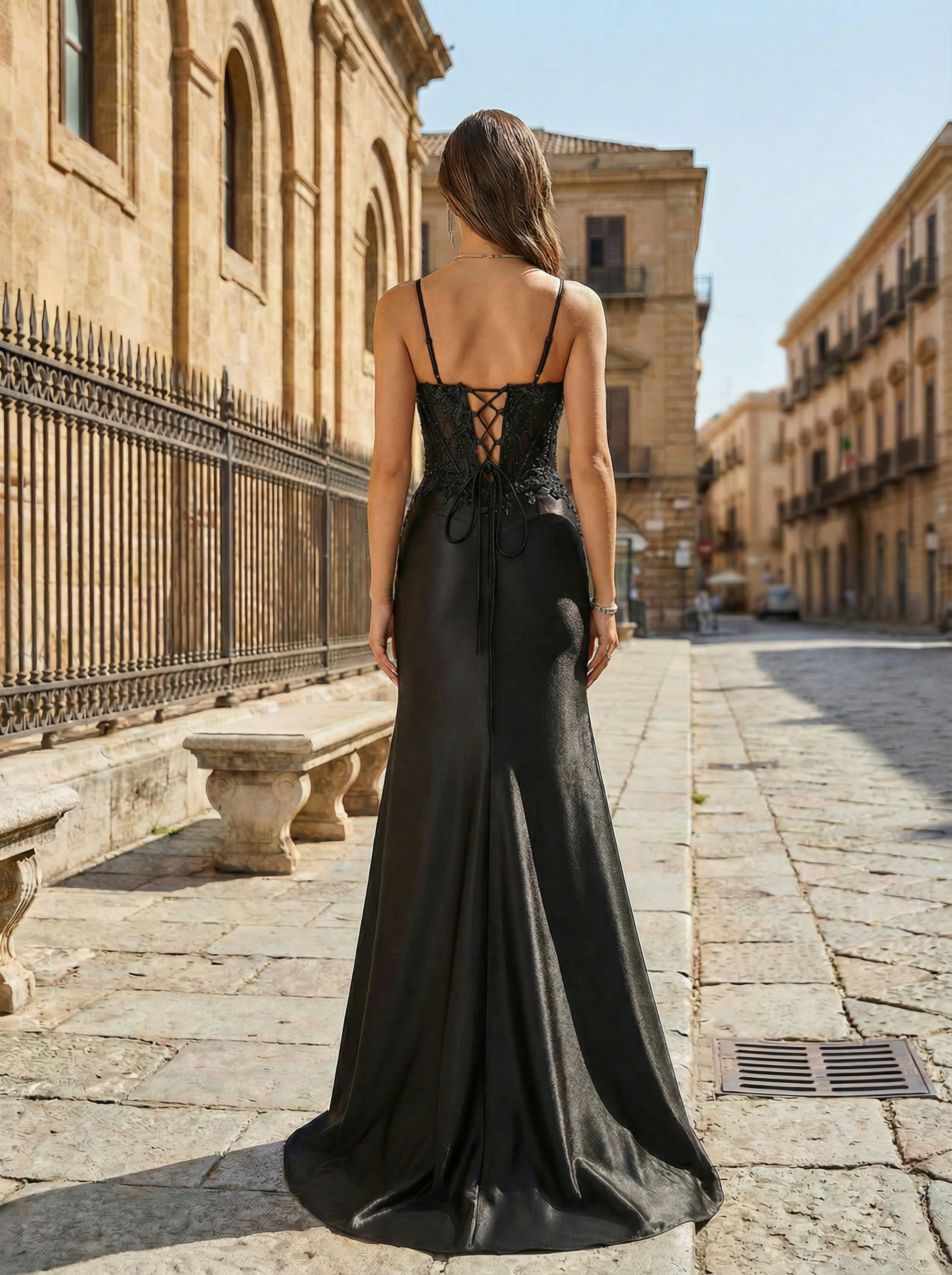 Elegant Black Mermaid Gown with Lace, Draping and a High Slit for Formal Events