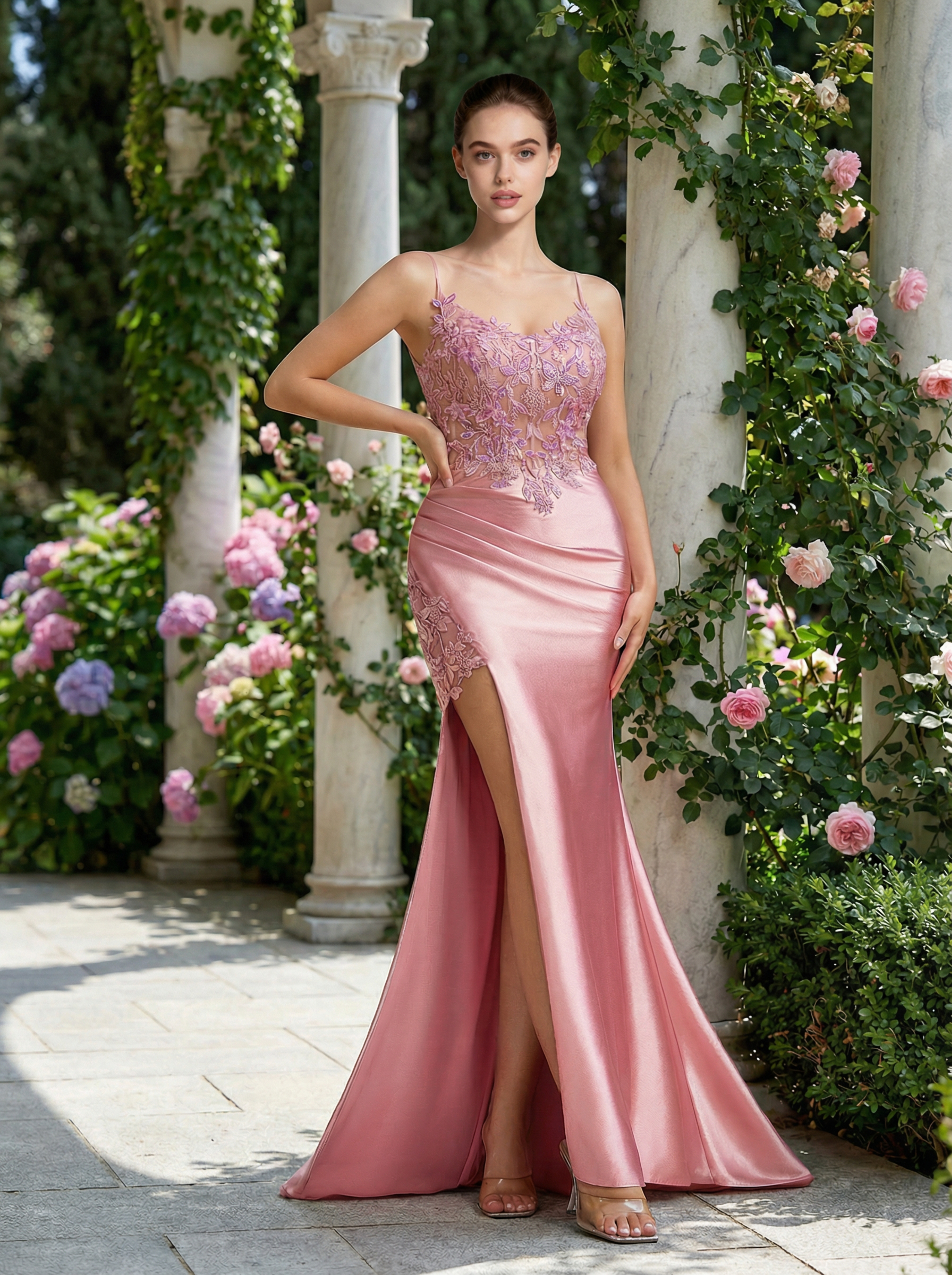 Elegant Blush Embroidered Gown with Spaghetti Straps and a Mermaid Slit