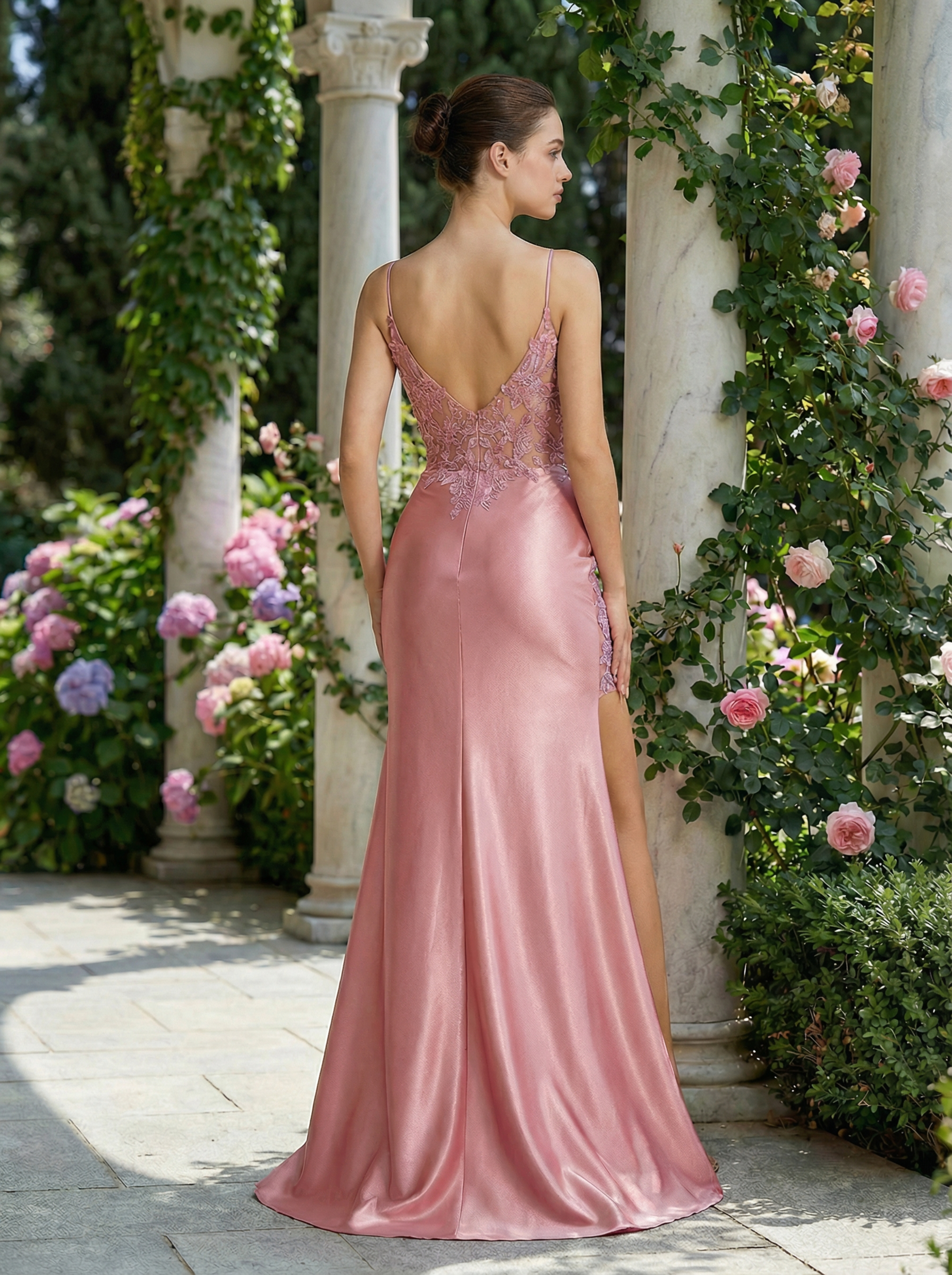 Elegant Blush Embroidered Gown with Spaghetti Straps and a Mermaid Slit