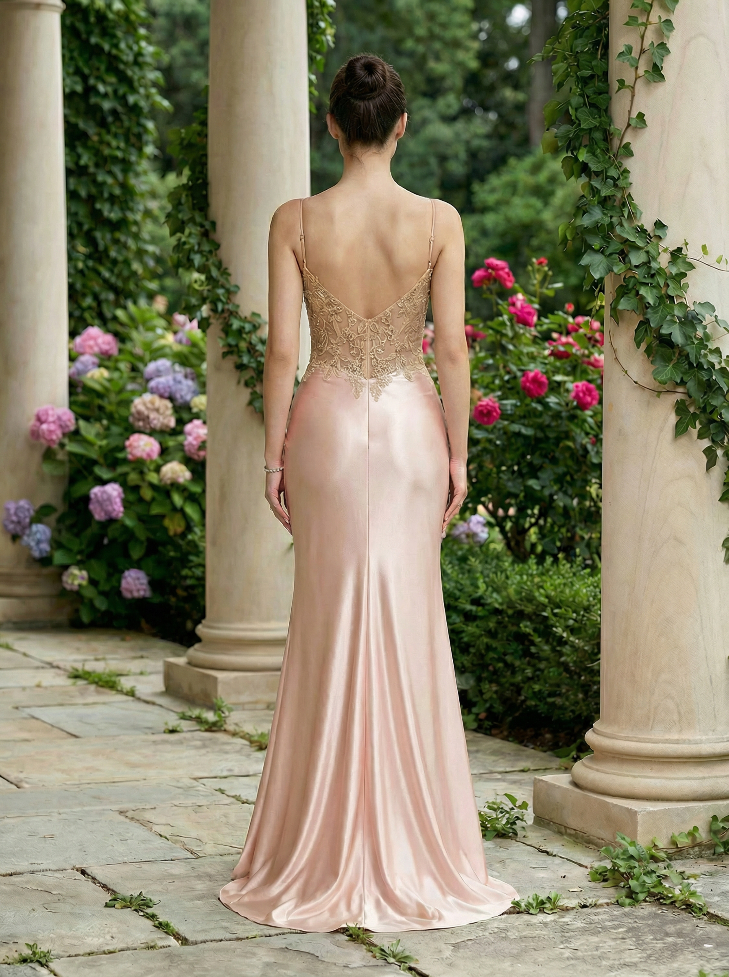 Elegant Champagne Embroidered Gown with Spaghetti Straps and a Mermaid Slit