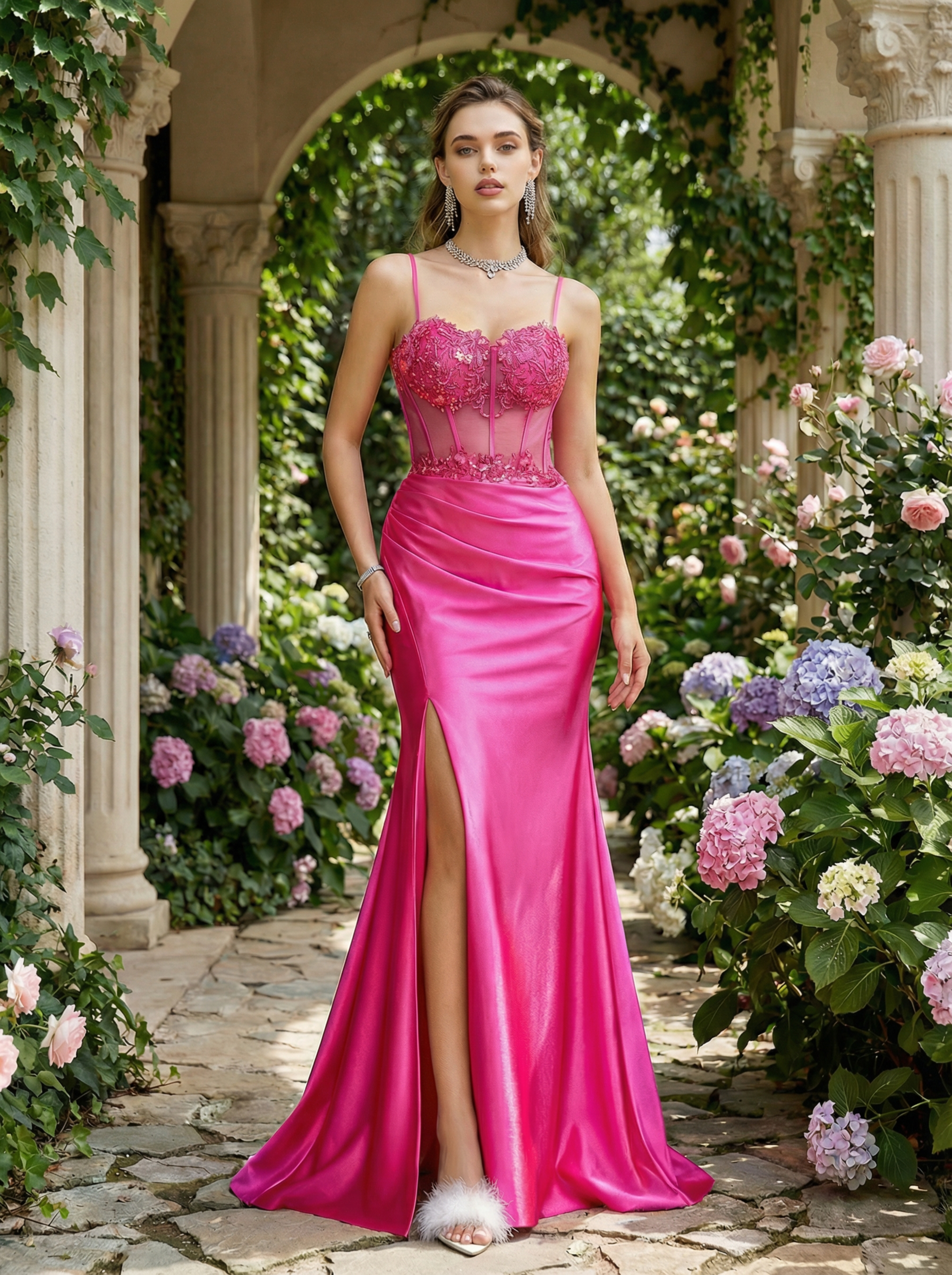 Elegant Fuchsia V-Neck Chiffon Prom Evening Gown with Beaded Straps