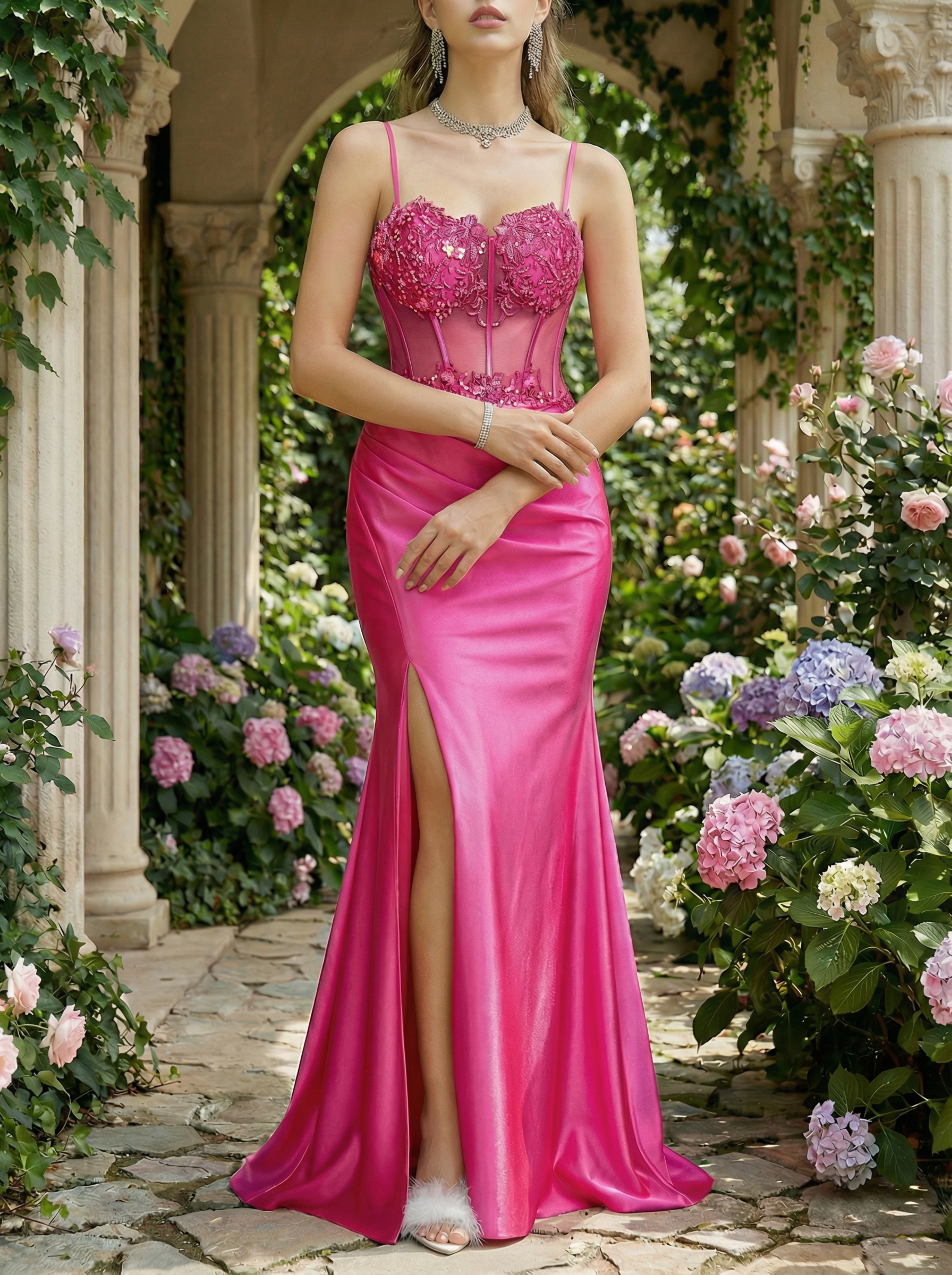 Elegant Fuchsia V-Neck Chiffon Prom Evening Gown with Beaded Straps