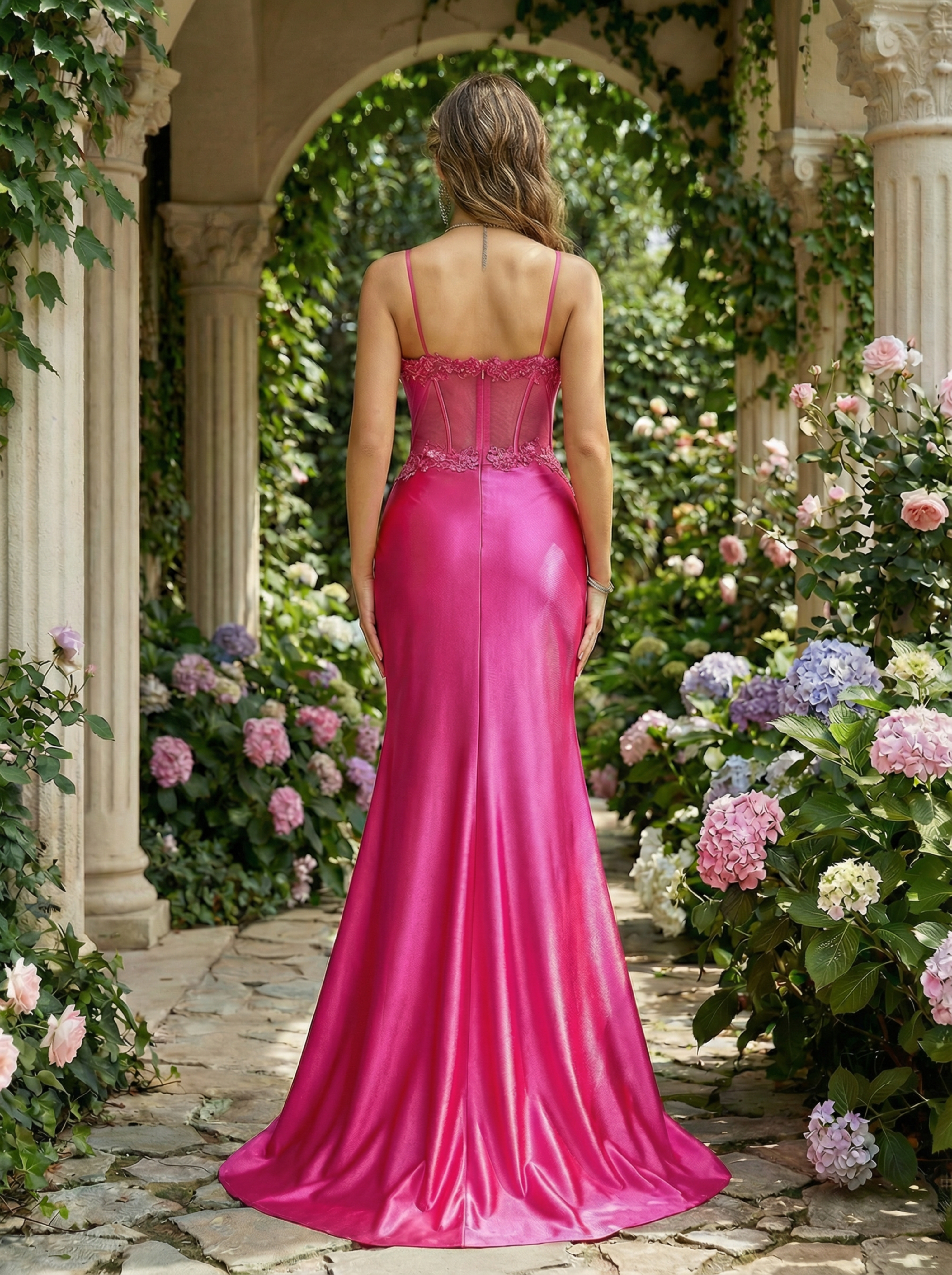 Elegant Fuchsia V-Neck Chiffon Prom Evening Gown with Beaded Straps