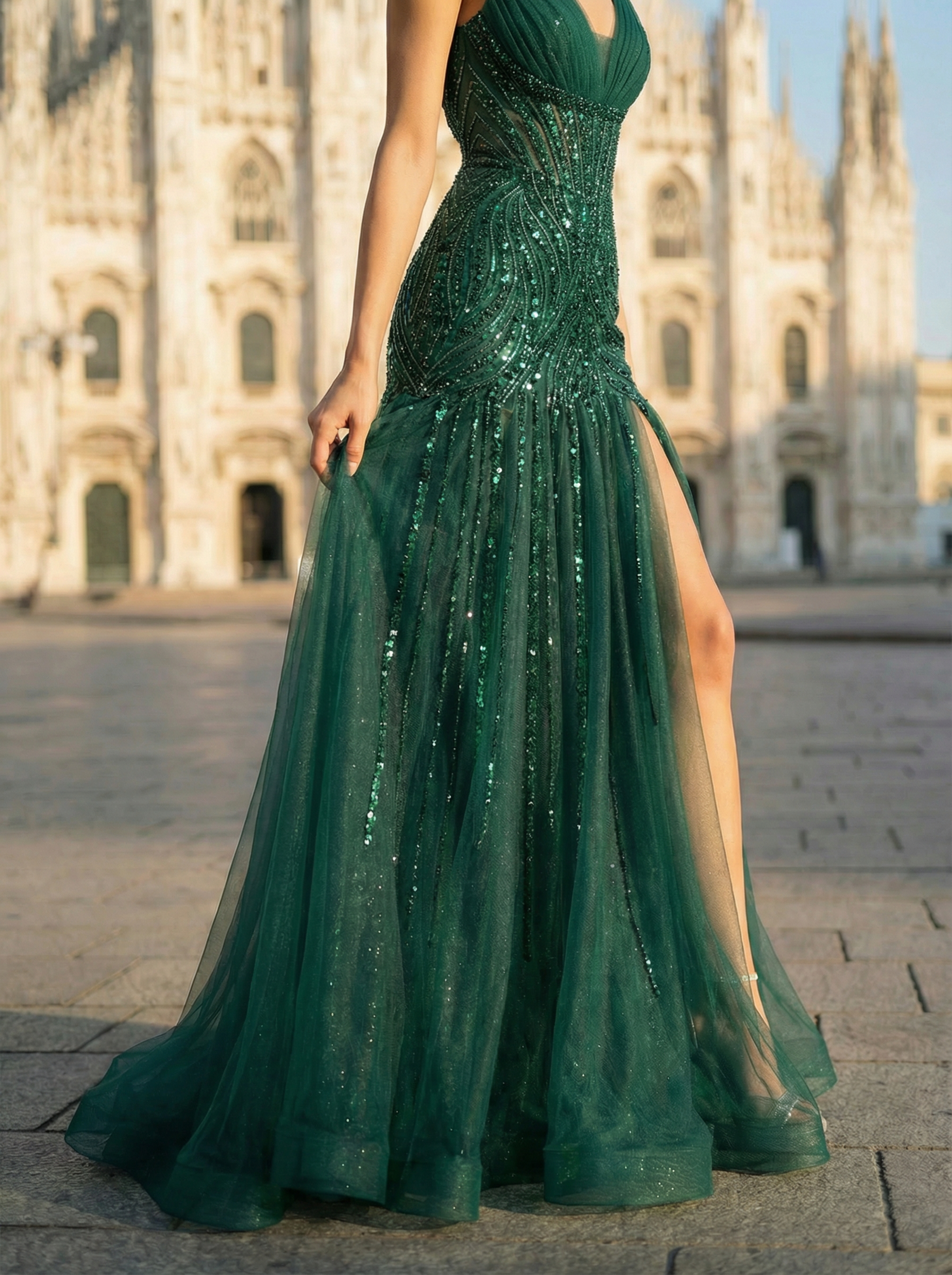 Elegant Green Sheer Mermaid Gown with Intricate Beading and a Seductive Slit