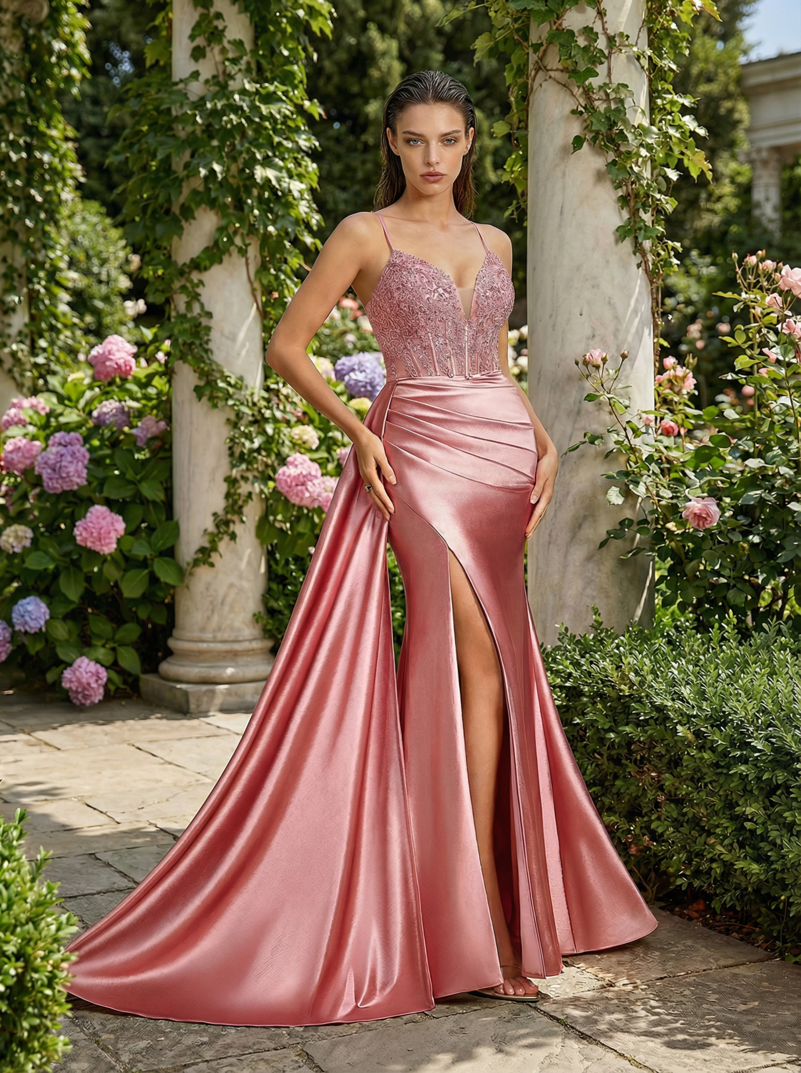 Elegant Lace Beaded Embroidery Mermaid Gown with Slit