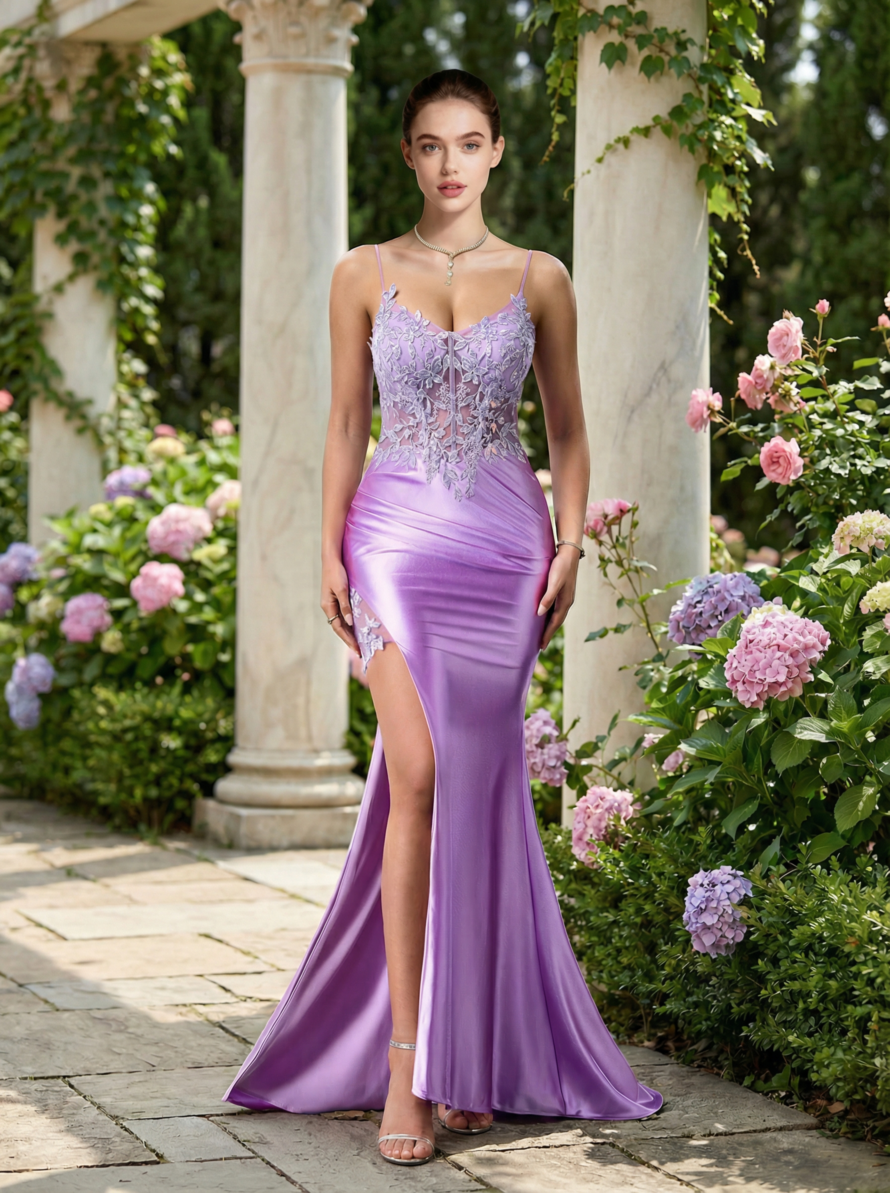 Elegant Lavender Embroidered Gown with Spaghetti Straps and a Mermaid Slit
