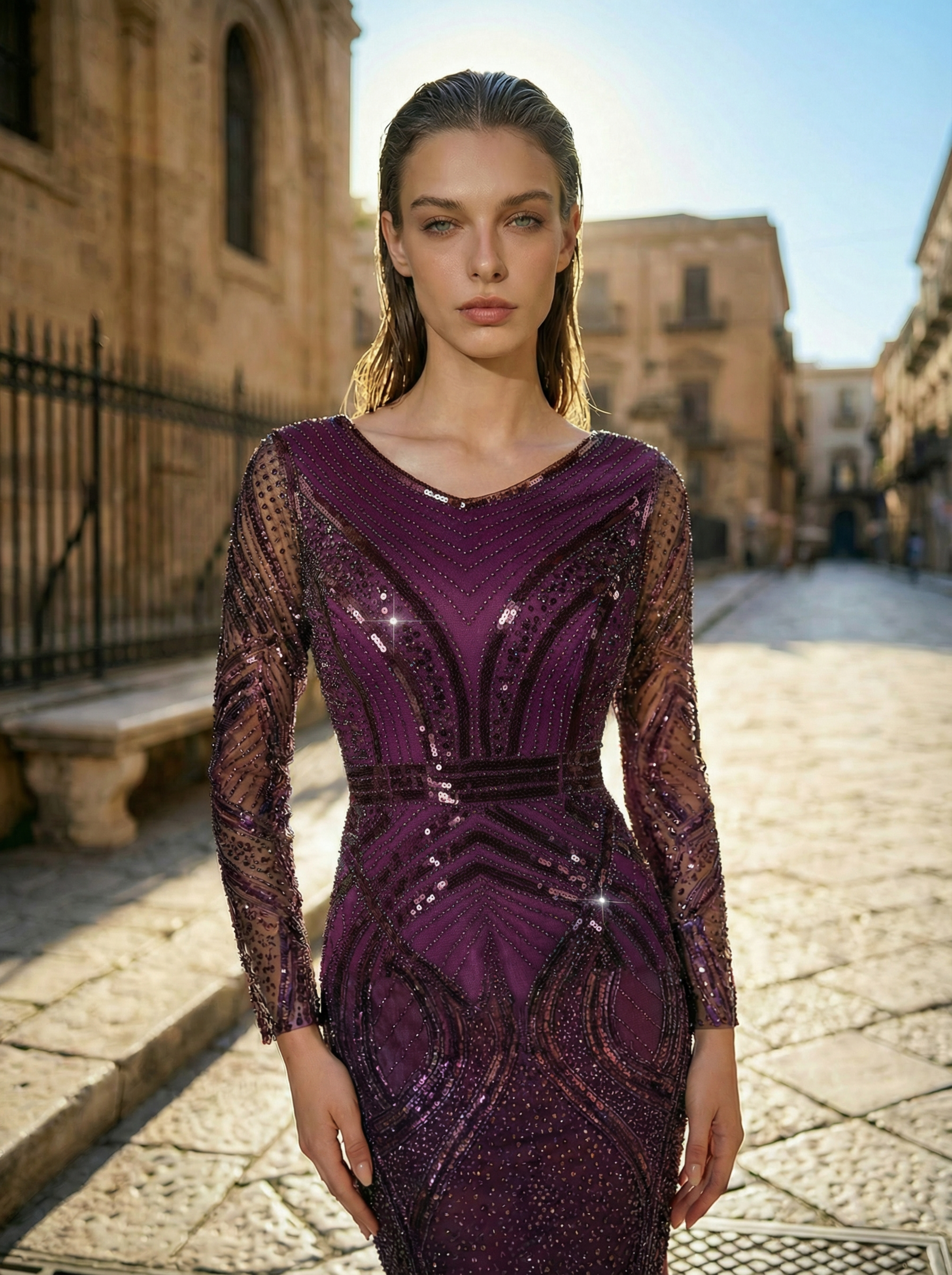 Elegant Long Sleeve Bodycon Evening Gown Beaded Party Dress