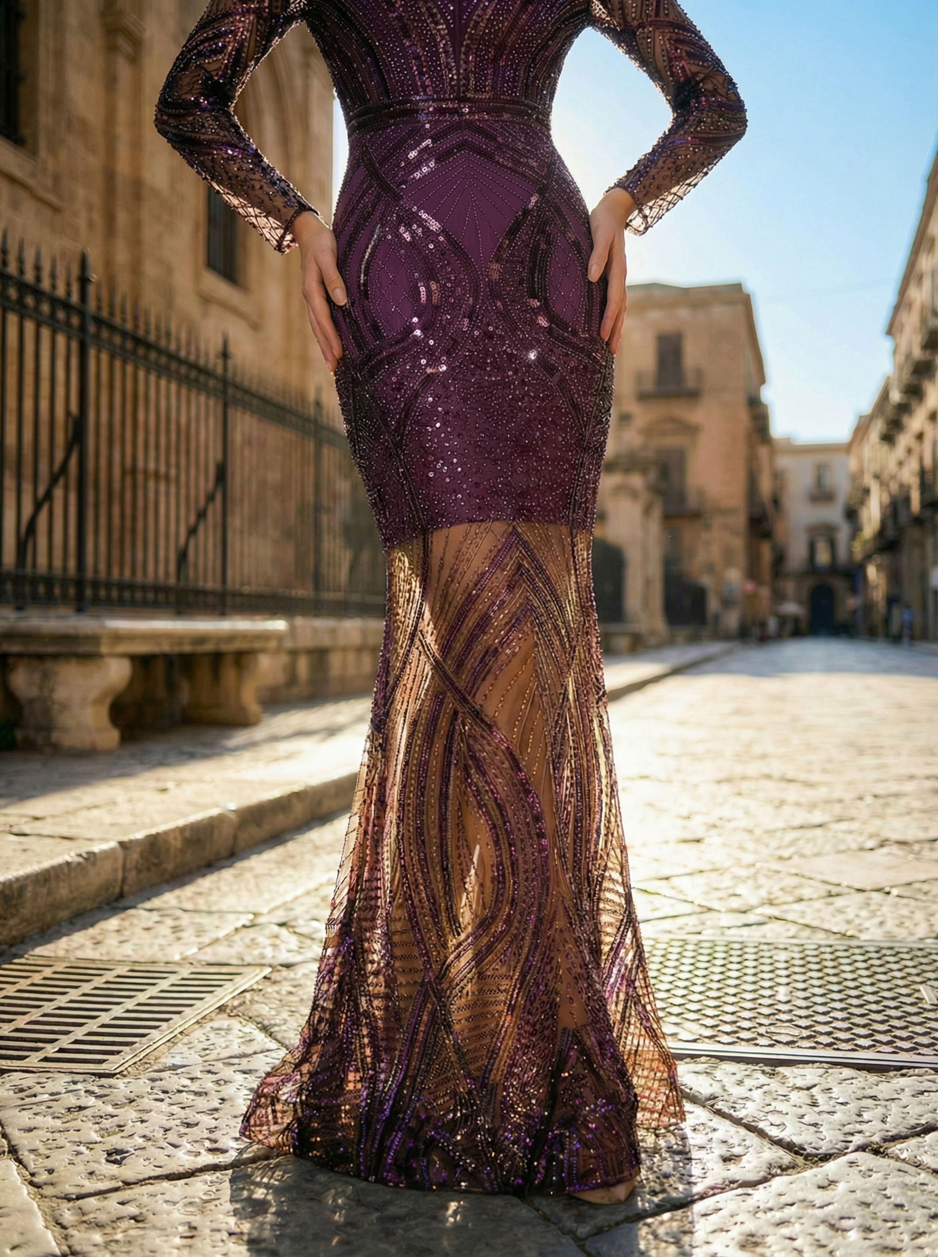 Elegant Long Sleeve Bodycon Evening Gown Beaded Party Dress