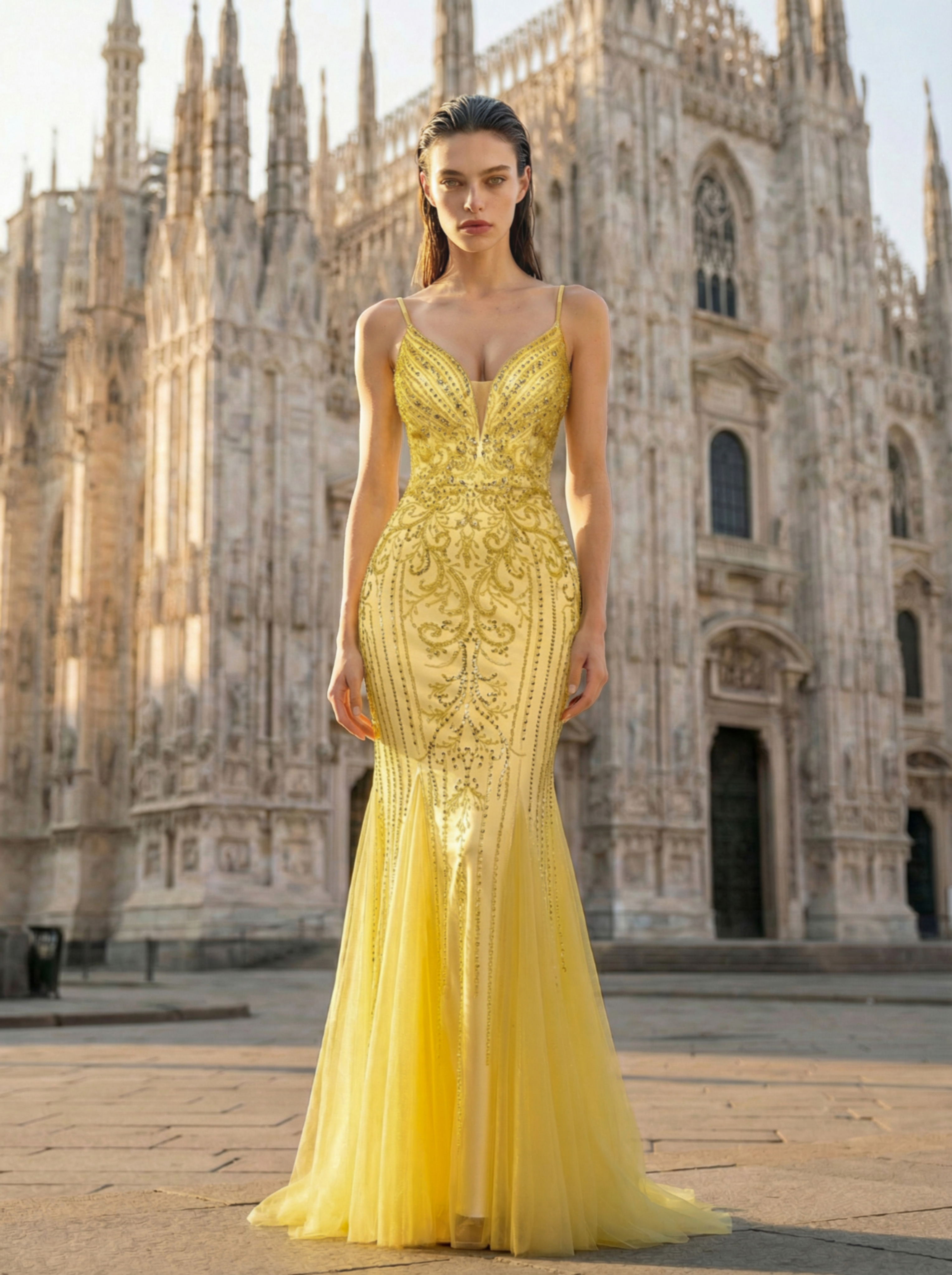 Elegant Lemon Chiffon Strapless Mermaid Prom Dress with Beaded Embellishments