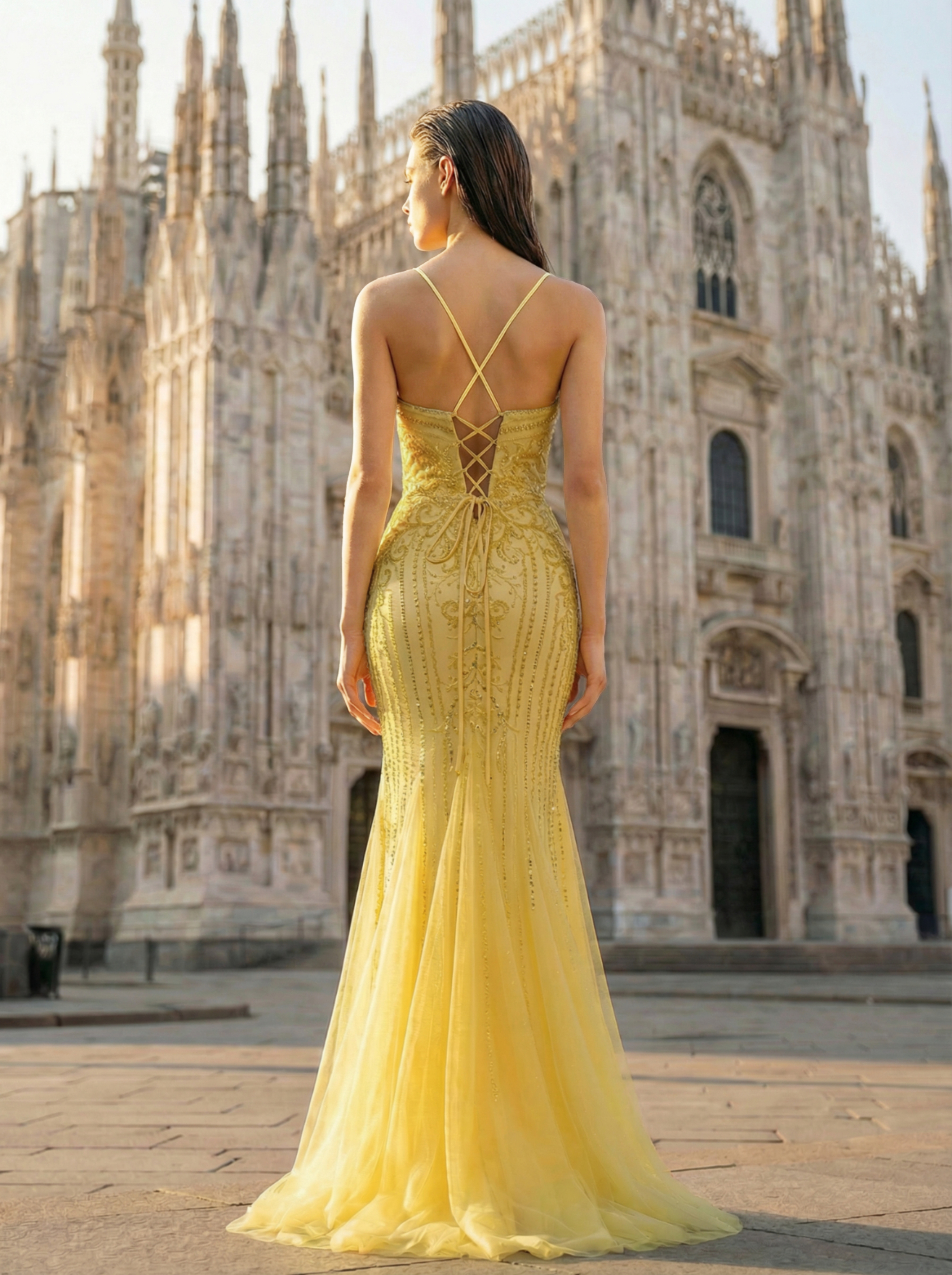 Elegant Lemon Chiffon Strapless Mermaid Prom Dress with Beaded Embellishments