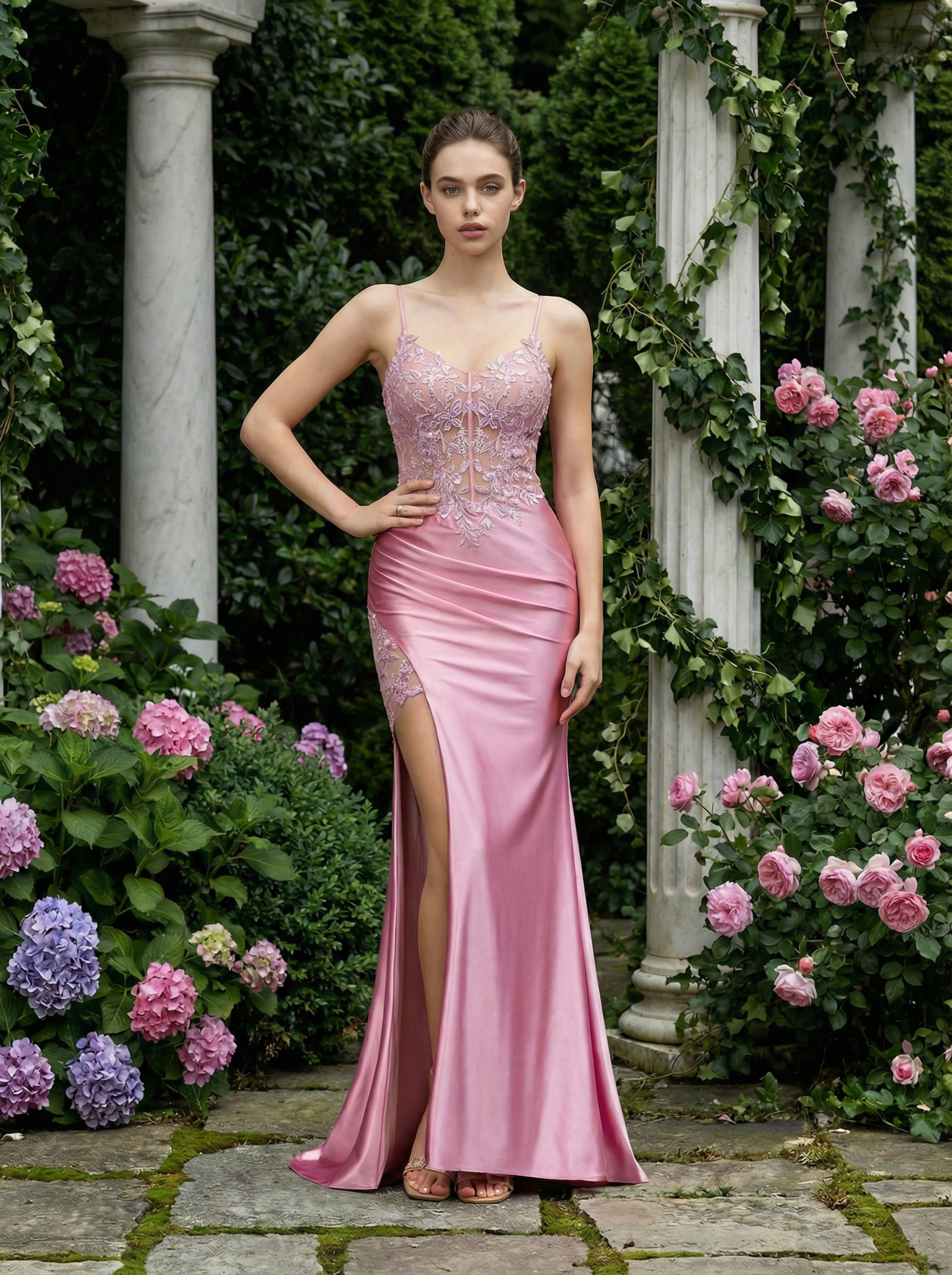 Elegant Pink Embroidered Gown with Spaghetti Straps and a Mermaid Slit