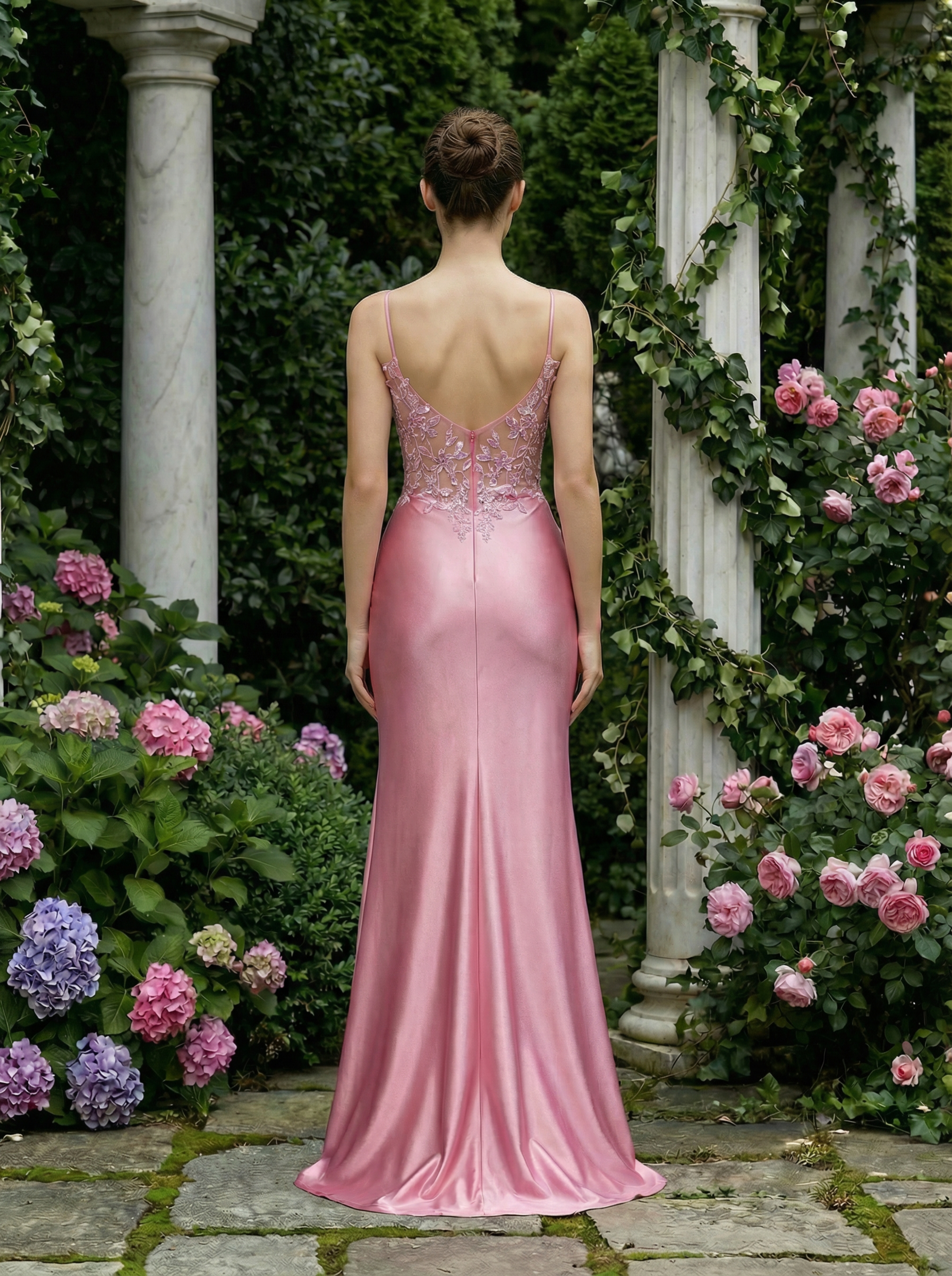 Elegant Pink Embroidered Gown with Spaghetti Straps and a Mermaid Slit