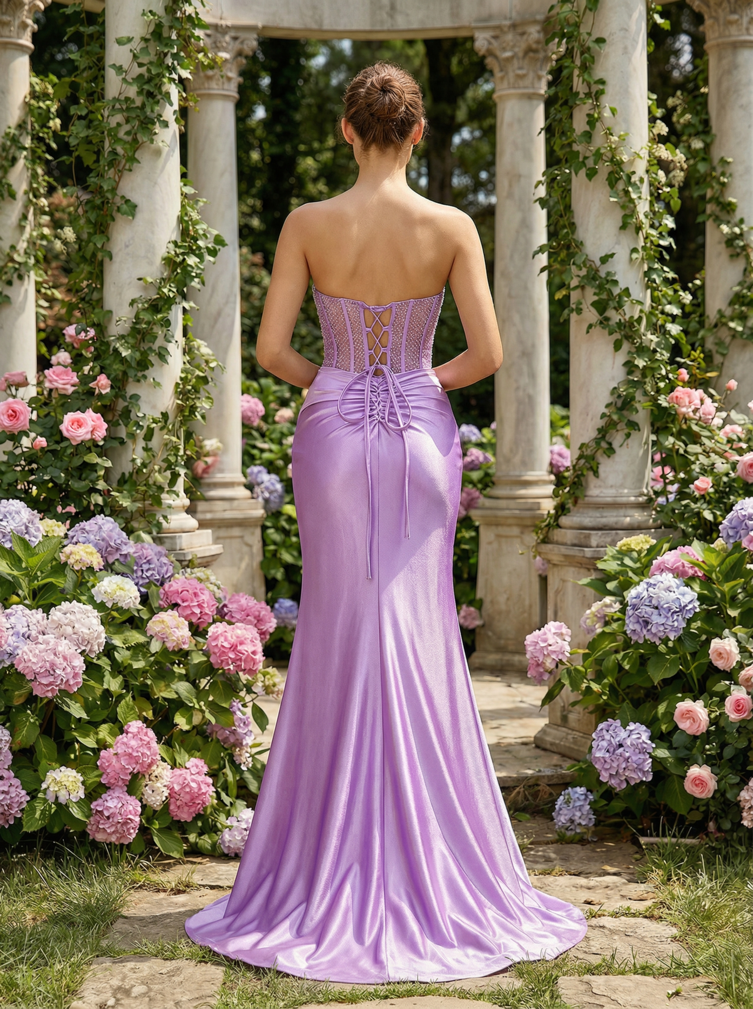Elegant Purple Mermaid Gown with a Knotted Bustier and High Slit